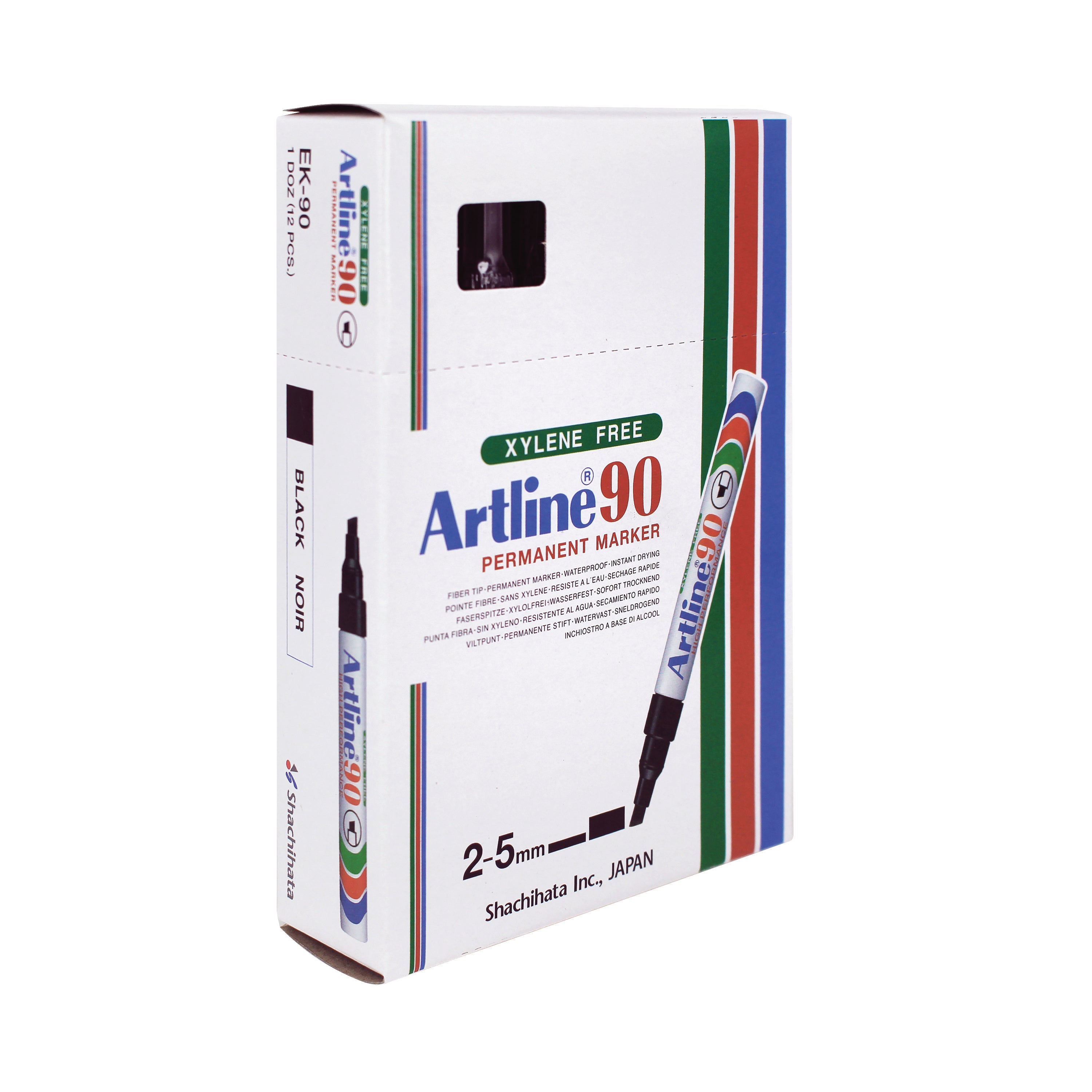 A box of 12 Artline 90 permanent markers with black ink and a wide chisel tip.