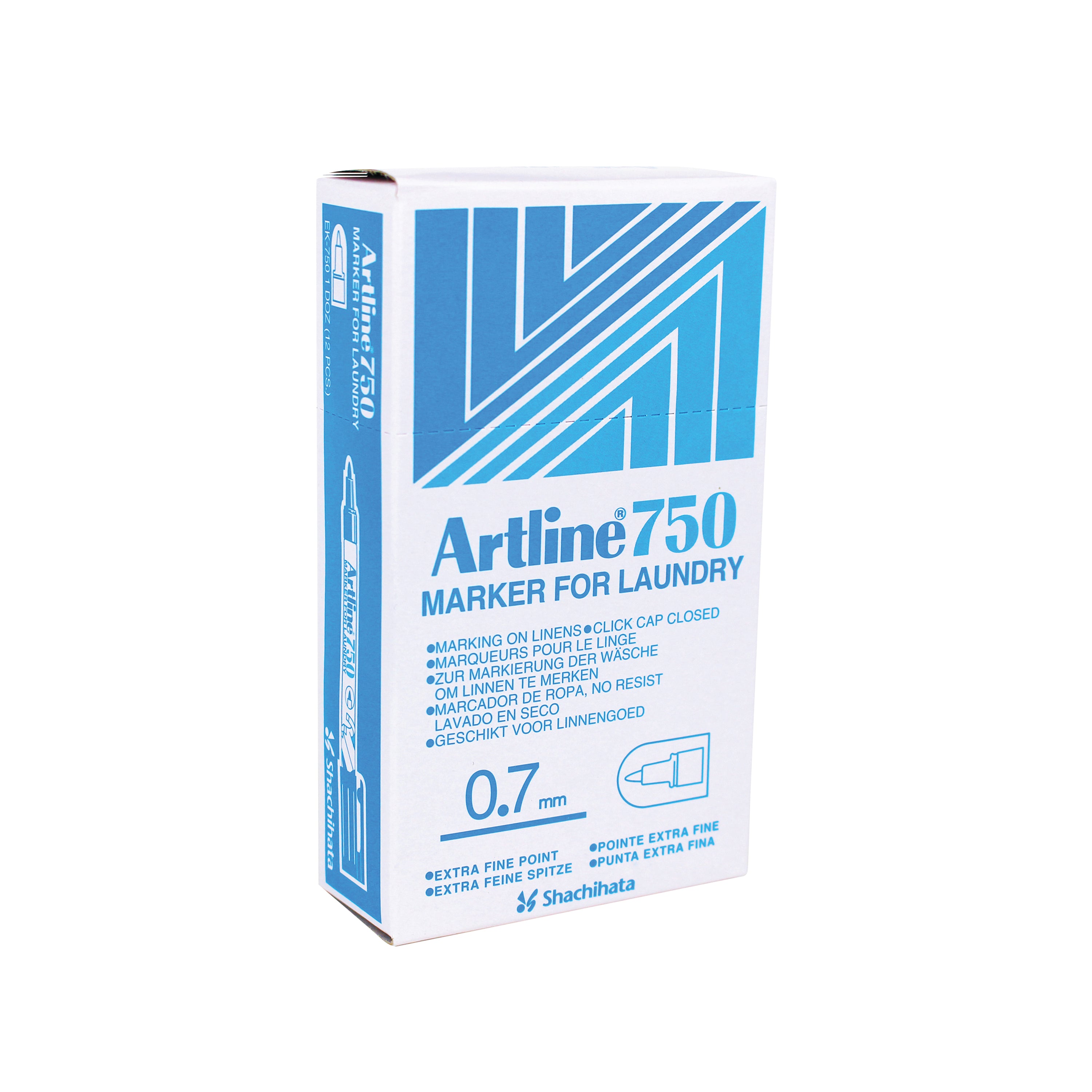 A pack of 12 Artline 750 laundry markers with permanent black ink for fabrics.