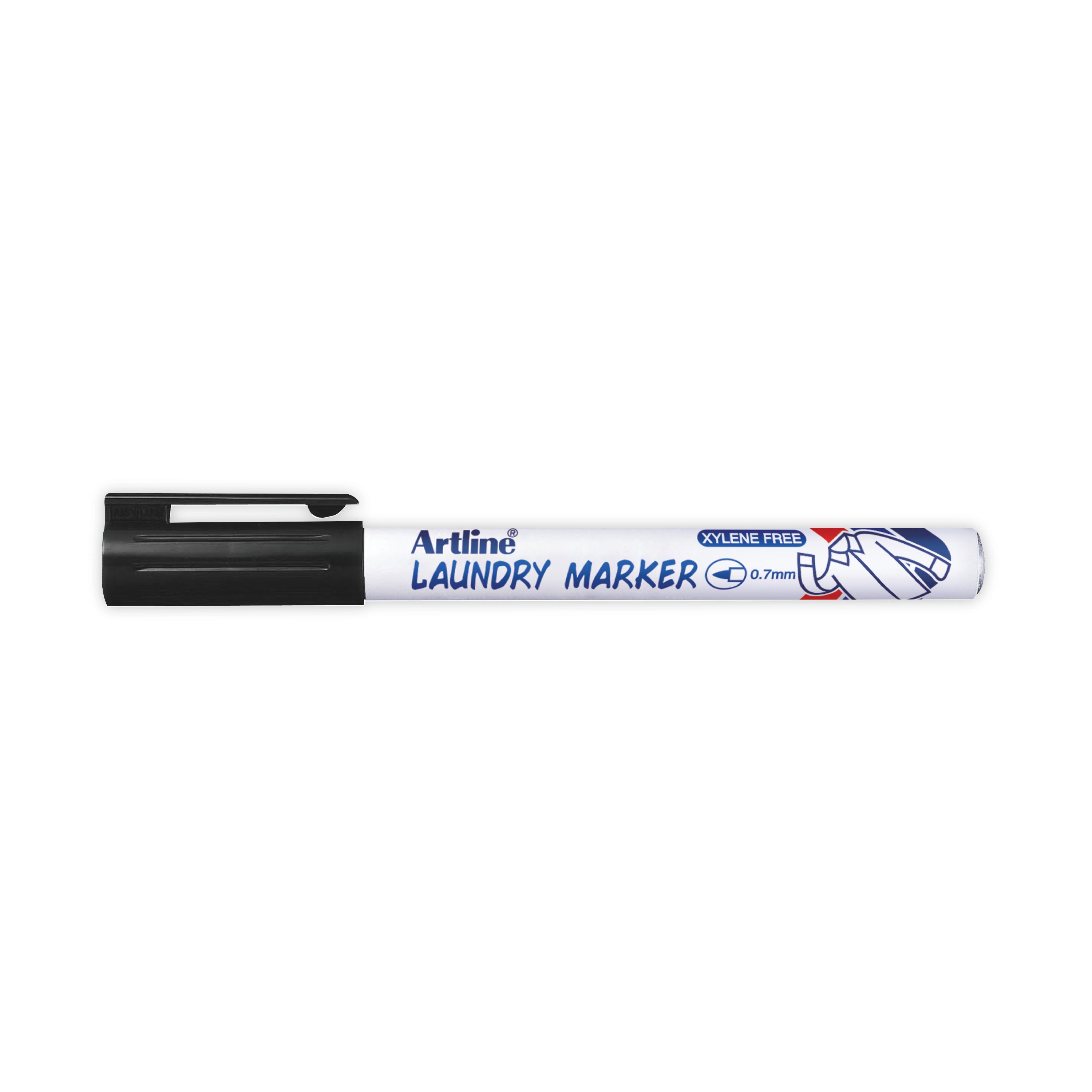 The silver Artline 750 laundry marker, designed to write on clothing labels.