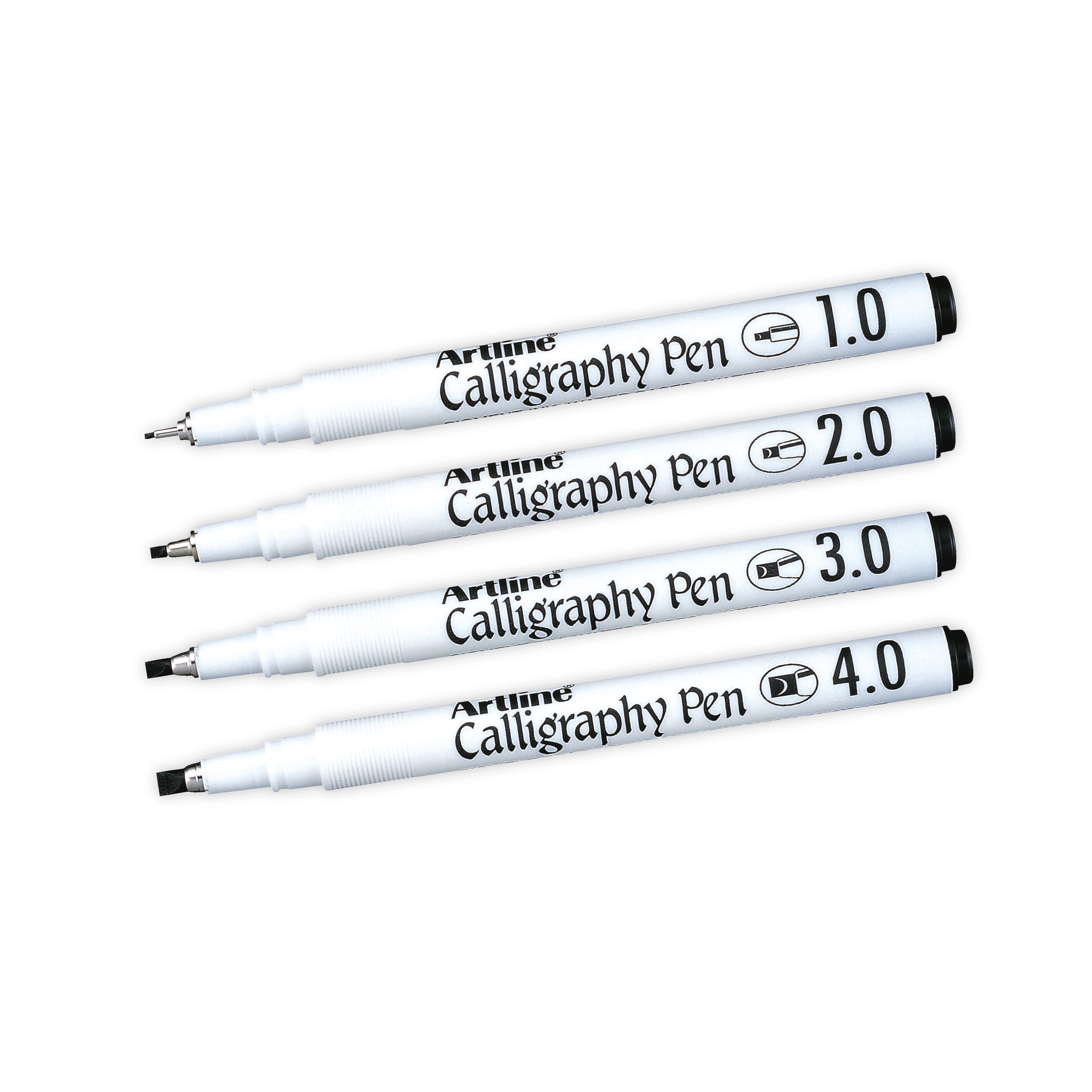 Four black Artline calligraphy pens lined up, showing the different nib sizes on each cap.
