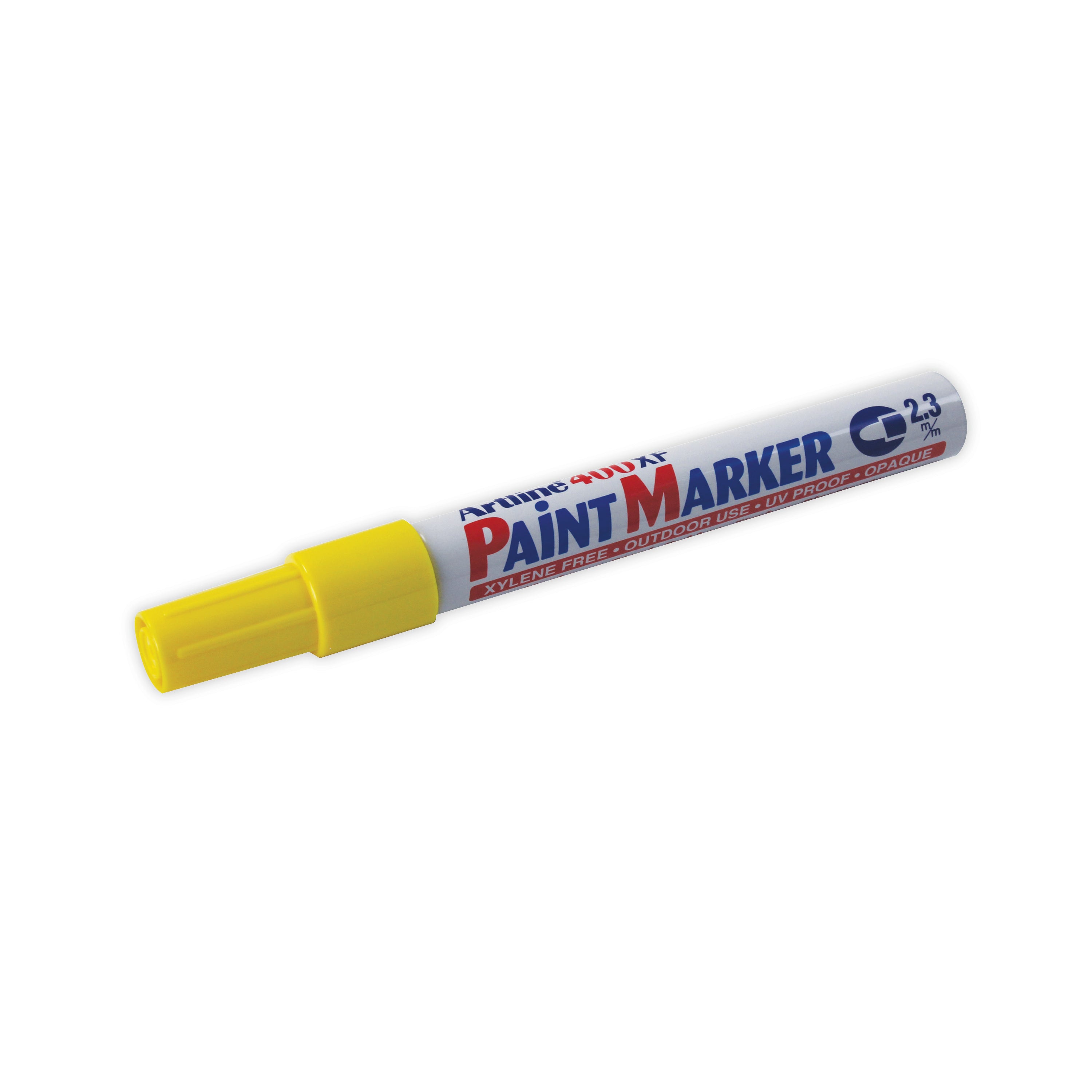 A yellow Artline 400 paint marker with its bullet tip nib exposed.