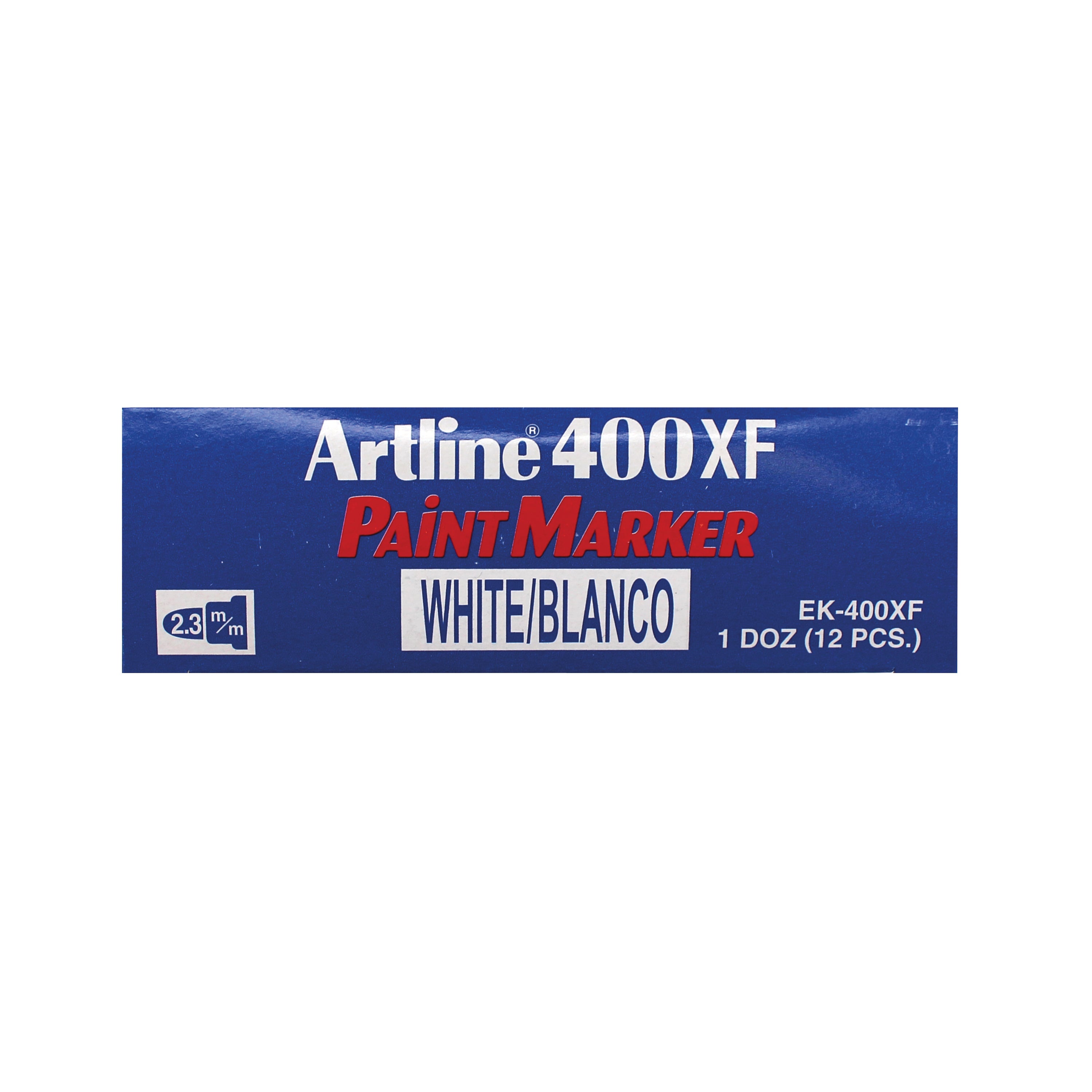 The bold white ink of an Artline 400 marker shown writing on a dark surface.