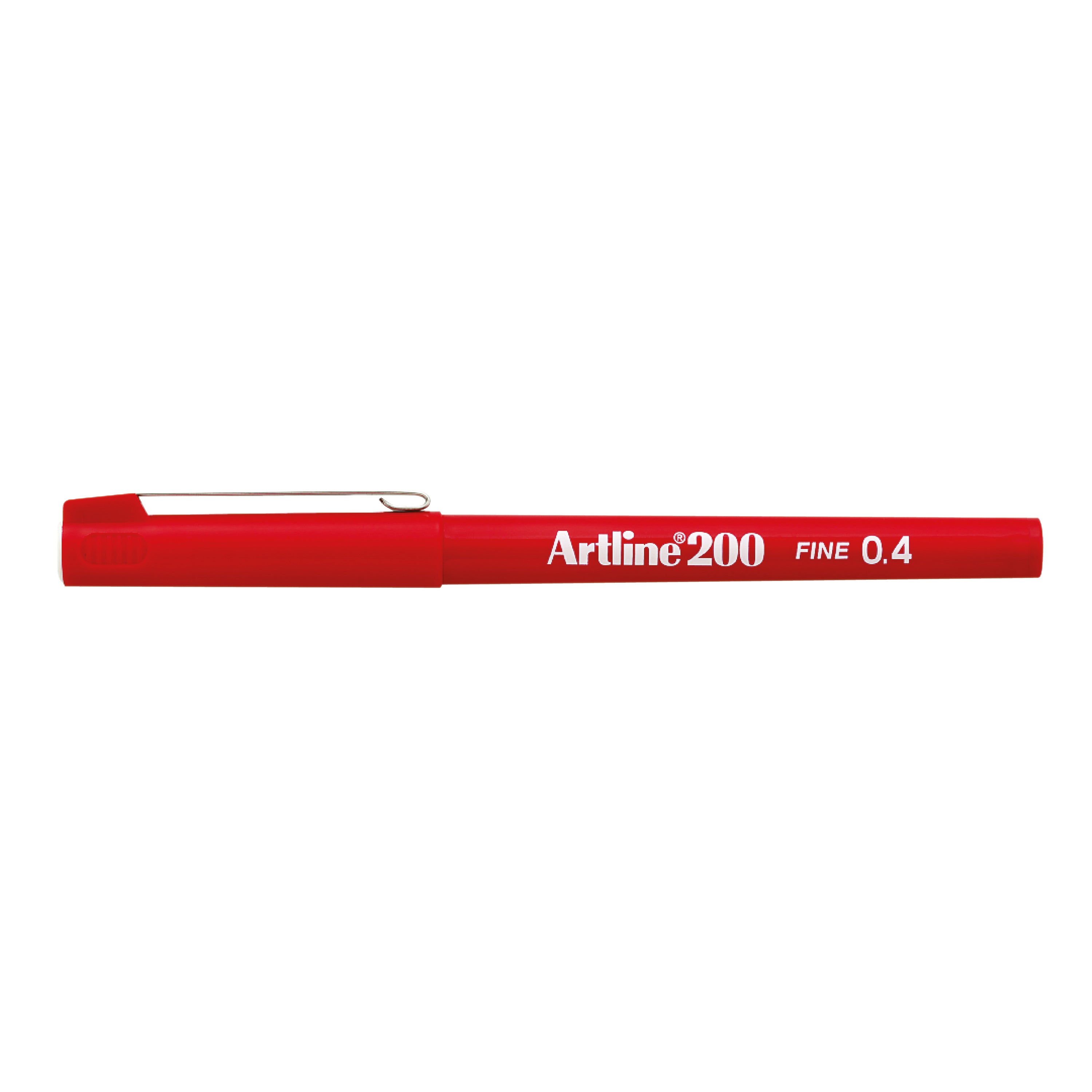 A package of 12 Artline 200 fine fineliner pens that write in a bold red ink.