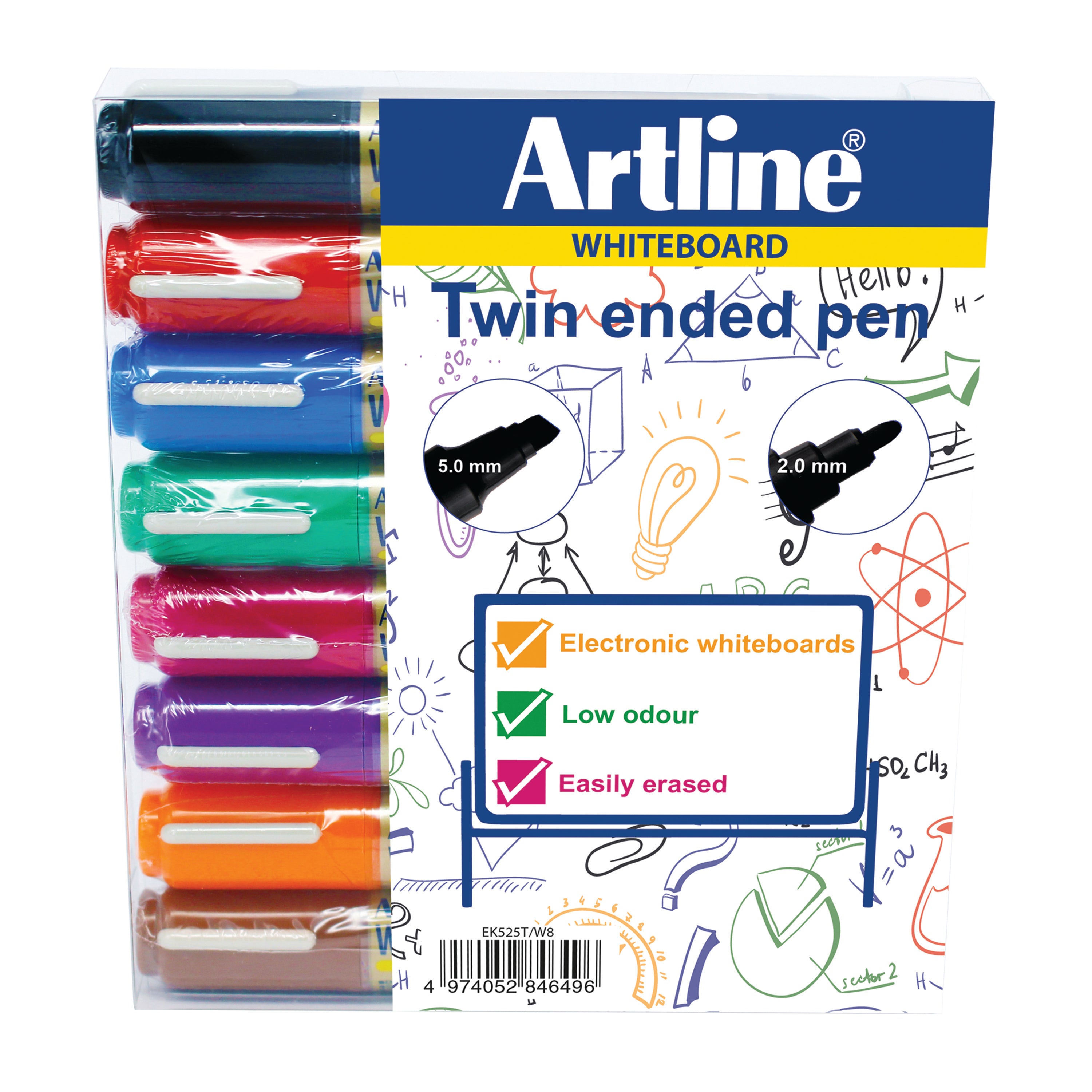 A pack of 8 assorted Artline 2-in-1 whiteboard markers with bullet and chisel tips.
