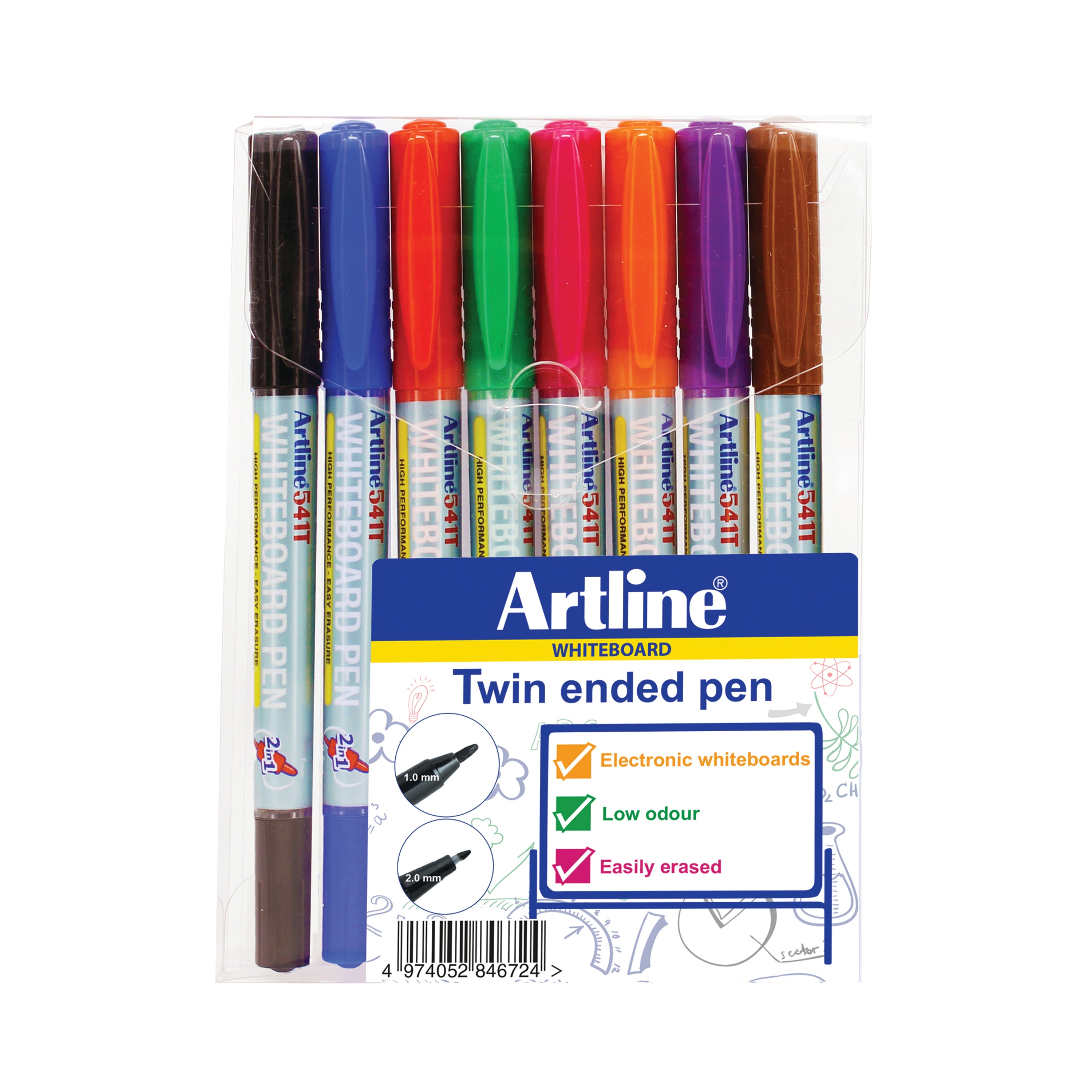A pack of 8 assorted color Artline 2-in-1 whiteboard markers with fine and superfine tips.