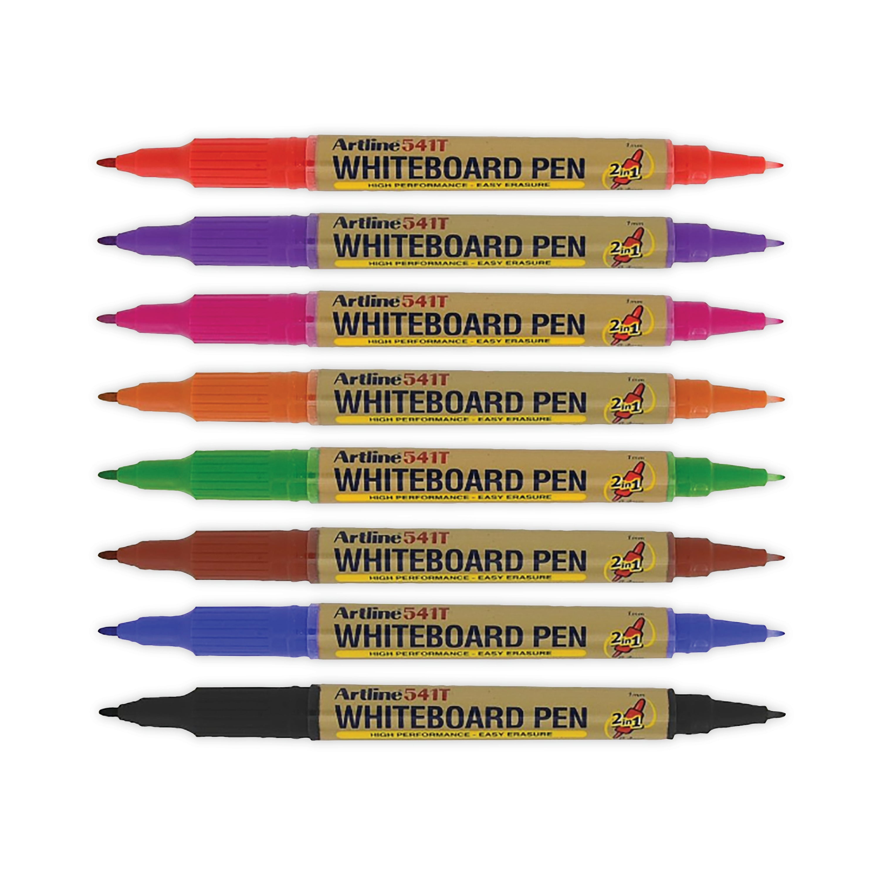 The dual-ended design of the Artline 2-in-1 marker, showing both fine and superfine nibs.