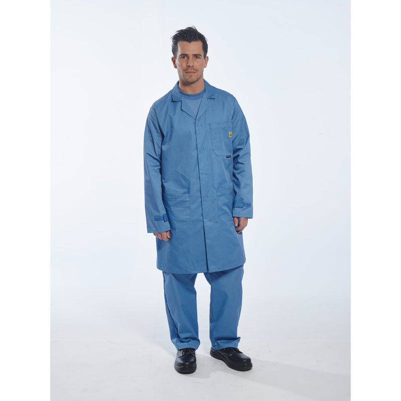Workers in a cleanroom environment with Portwest Anti-Static ESD gear.