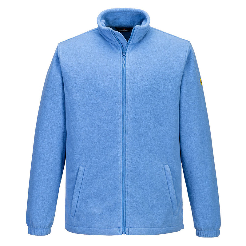 Light blue fleece jacket with full front zipper, elastic cuffs, and side pockets for cozy insulation