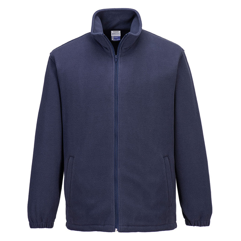 Navy blue fleece jacket with full front zip, elastic cuffs, and side pockets for added warmth and comfort