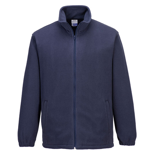 Navy blue fleece jacket with full front zip, elastic cuffs, and side pockets for added warmth and comfort