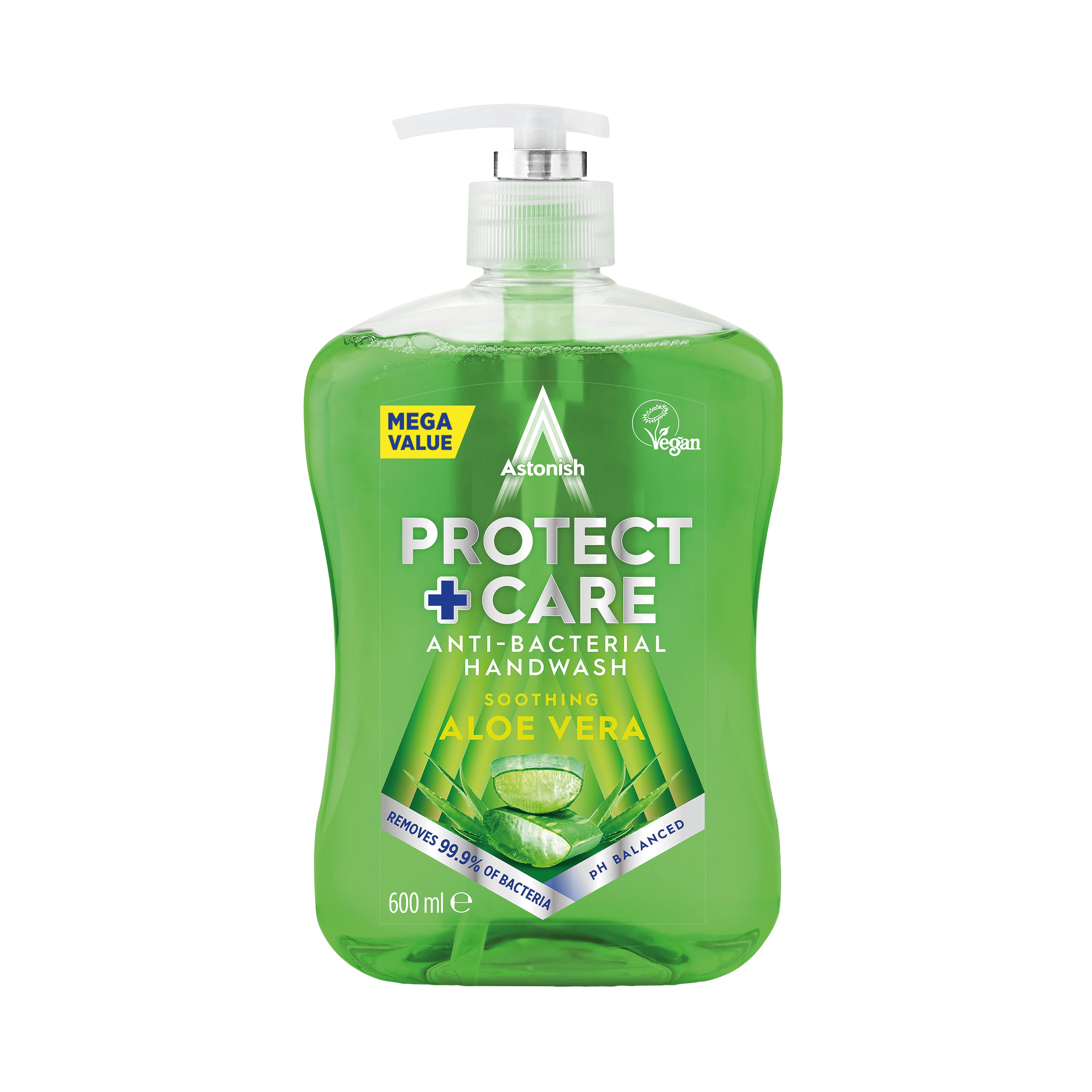 A 12-pack of Astonish Antibacterial Handwash with soothing Aloe Vera. 600ml green pump bottles for everyday use.