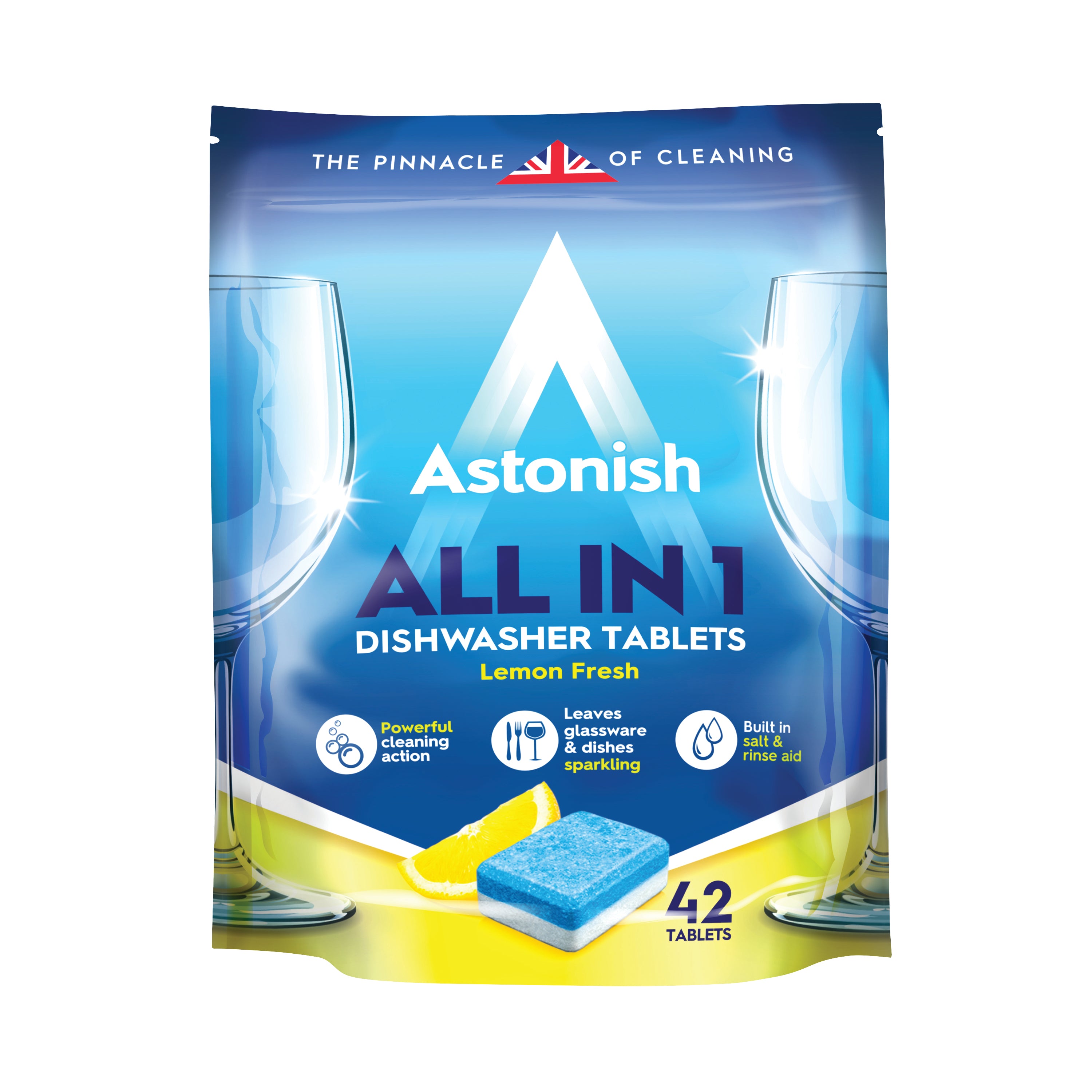 Astonish All-in-1 Dishwasher Tablets, pack of 42. The packaging shows a sparkling clean glass and dishes.