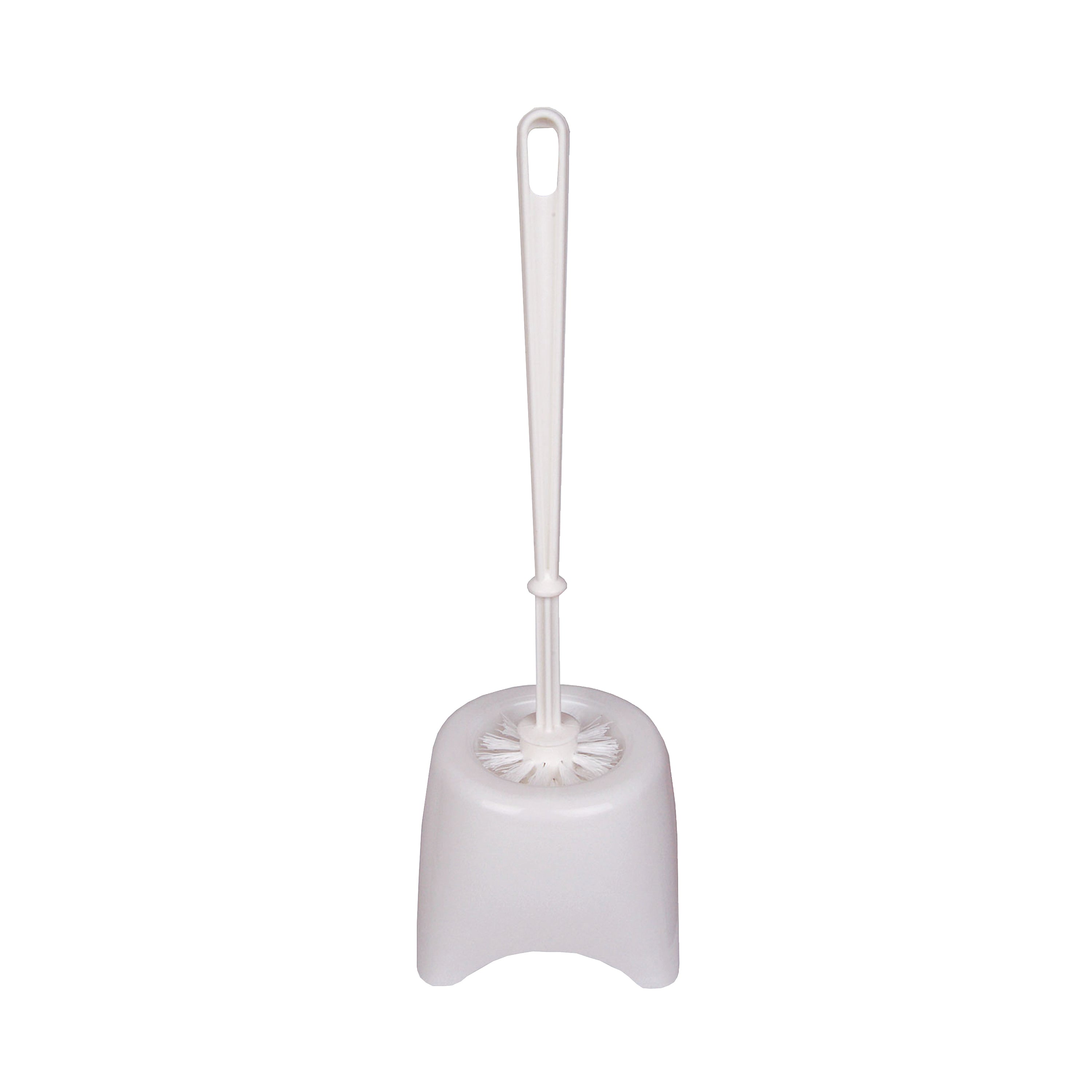 A white 2Work toilet brush and holder.