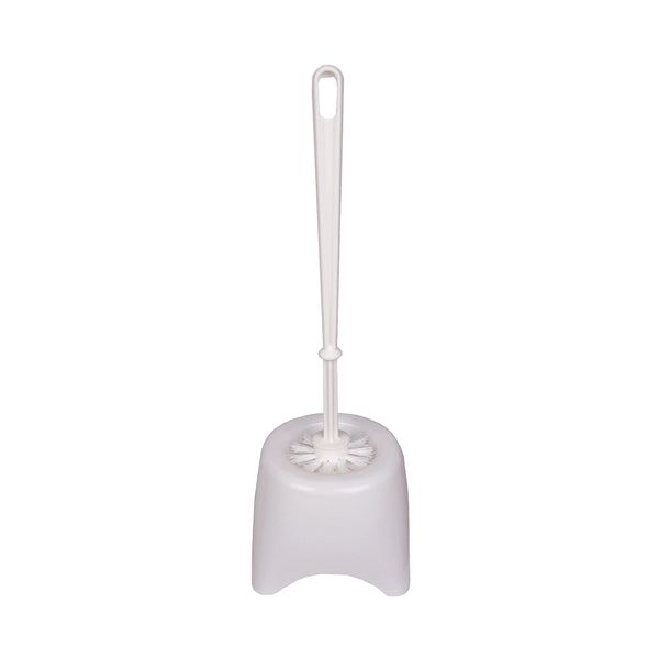 A white 2Work toilet brush and holder.