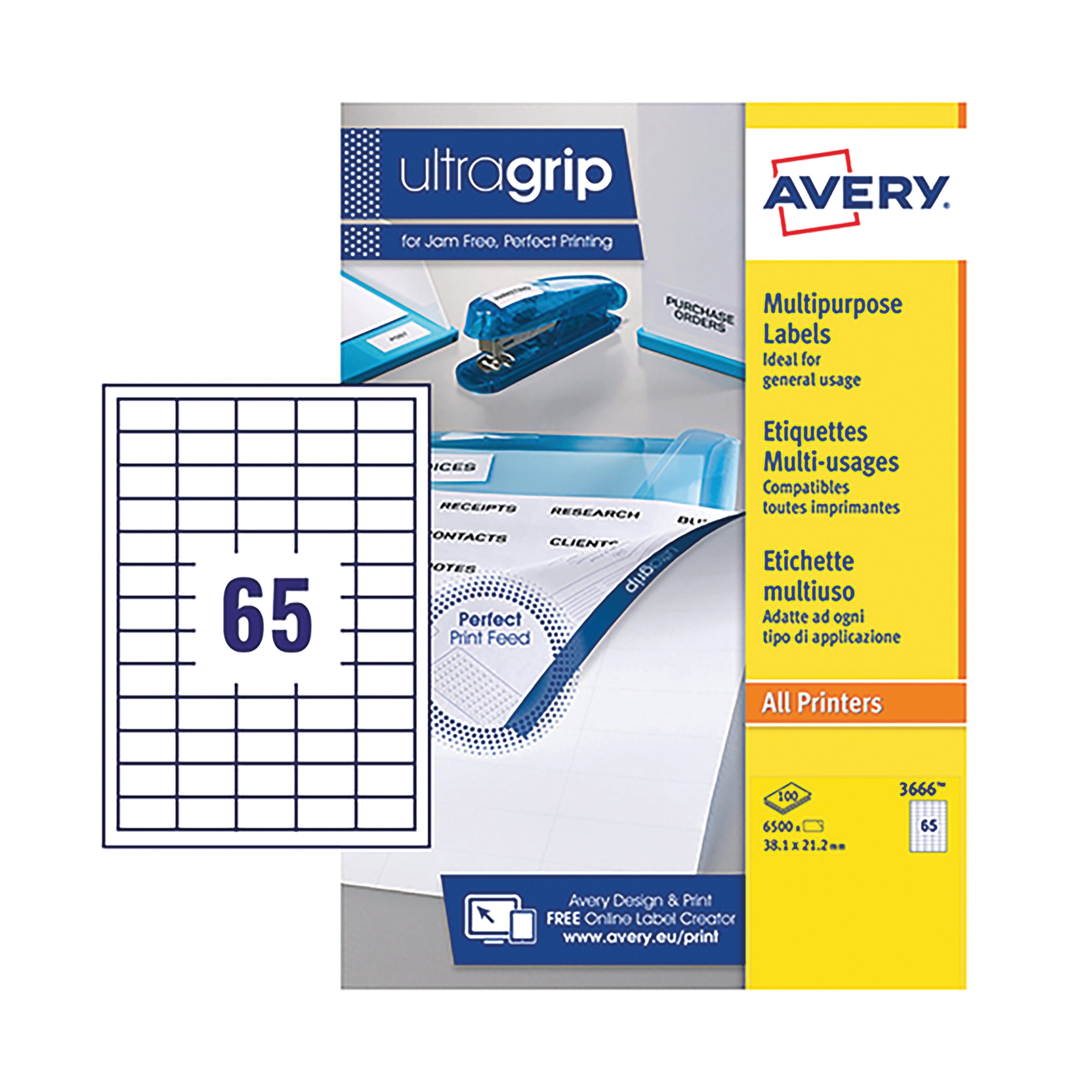 A sheet of 65 Avery 3666 white labels for laser and inkjet printing.