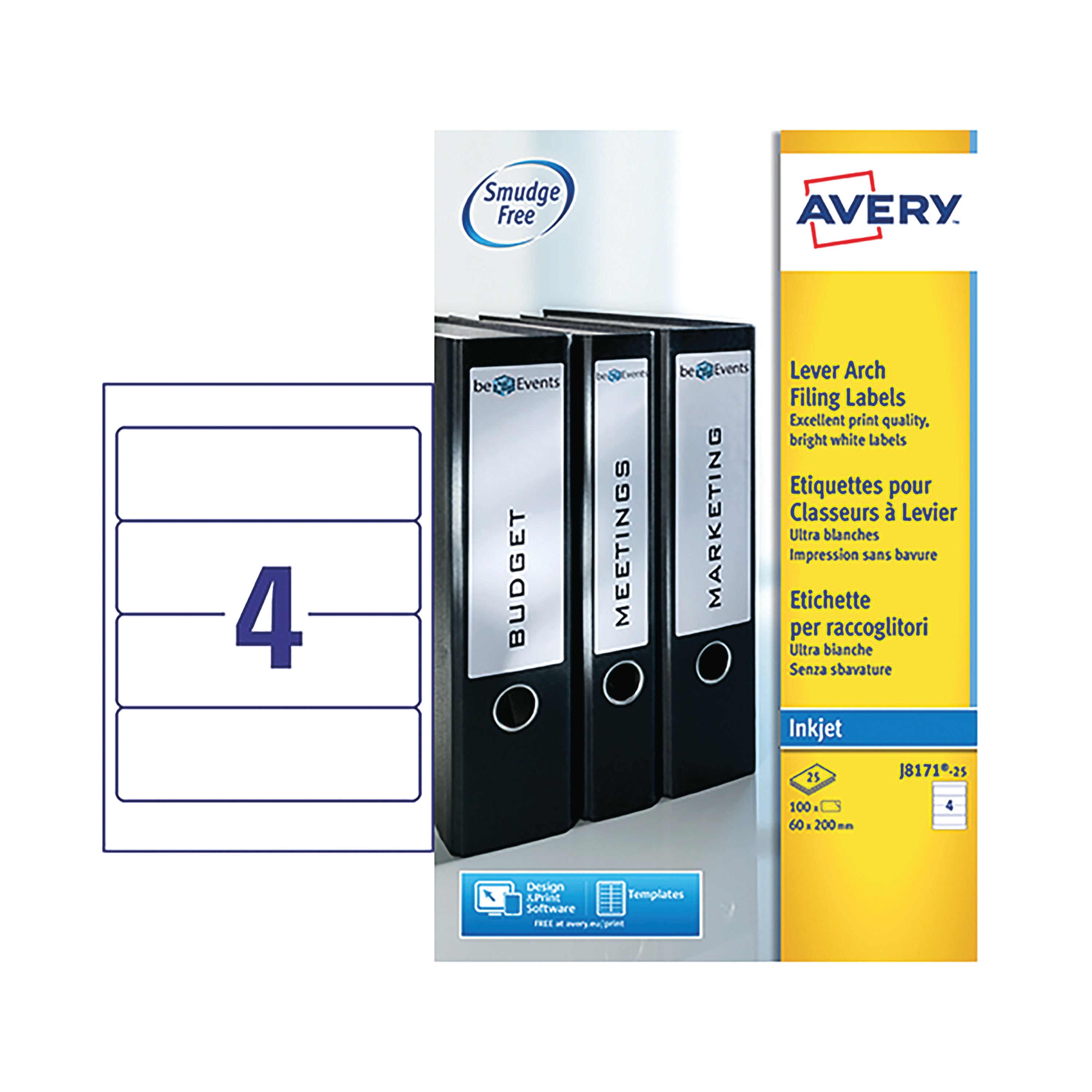 A sheet of 4 opaque Avery J8171 BlockOut labels for reusing binders.