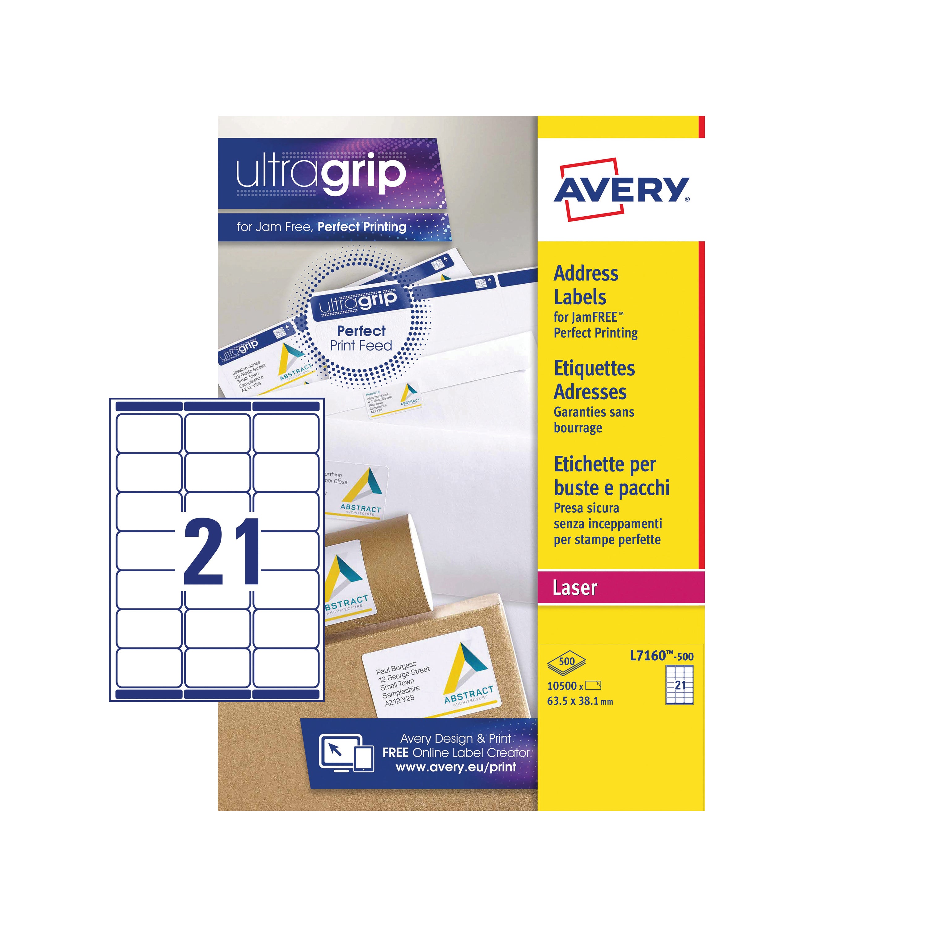 A sheet of white Avery L7160 Ultragrip laser labels with blue textured edges.