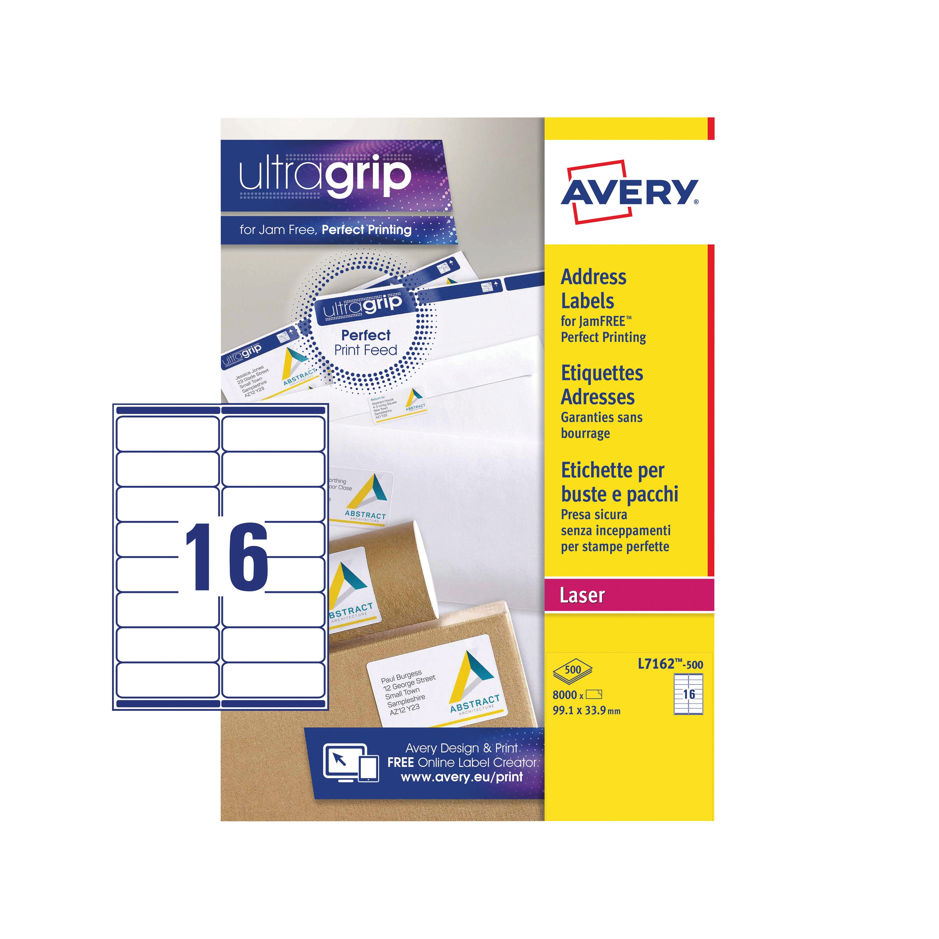 A printable sheet of Avery L7162 Ultragrip laser labels.