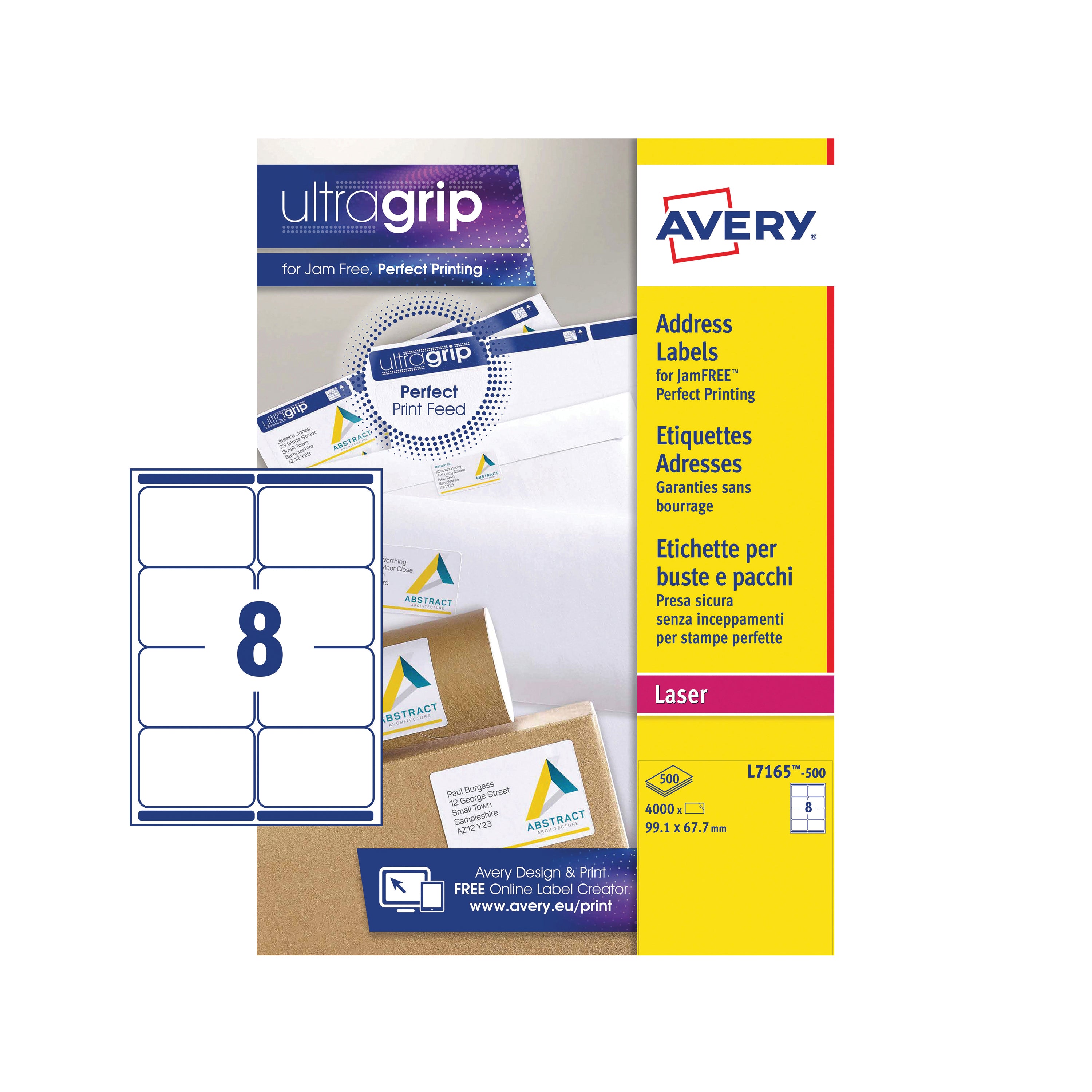 A sheet of 8 Avery L7165 labels with the blue Ultragrip edge.