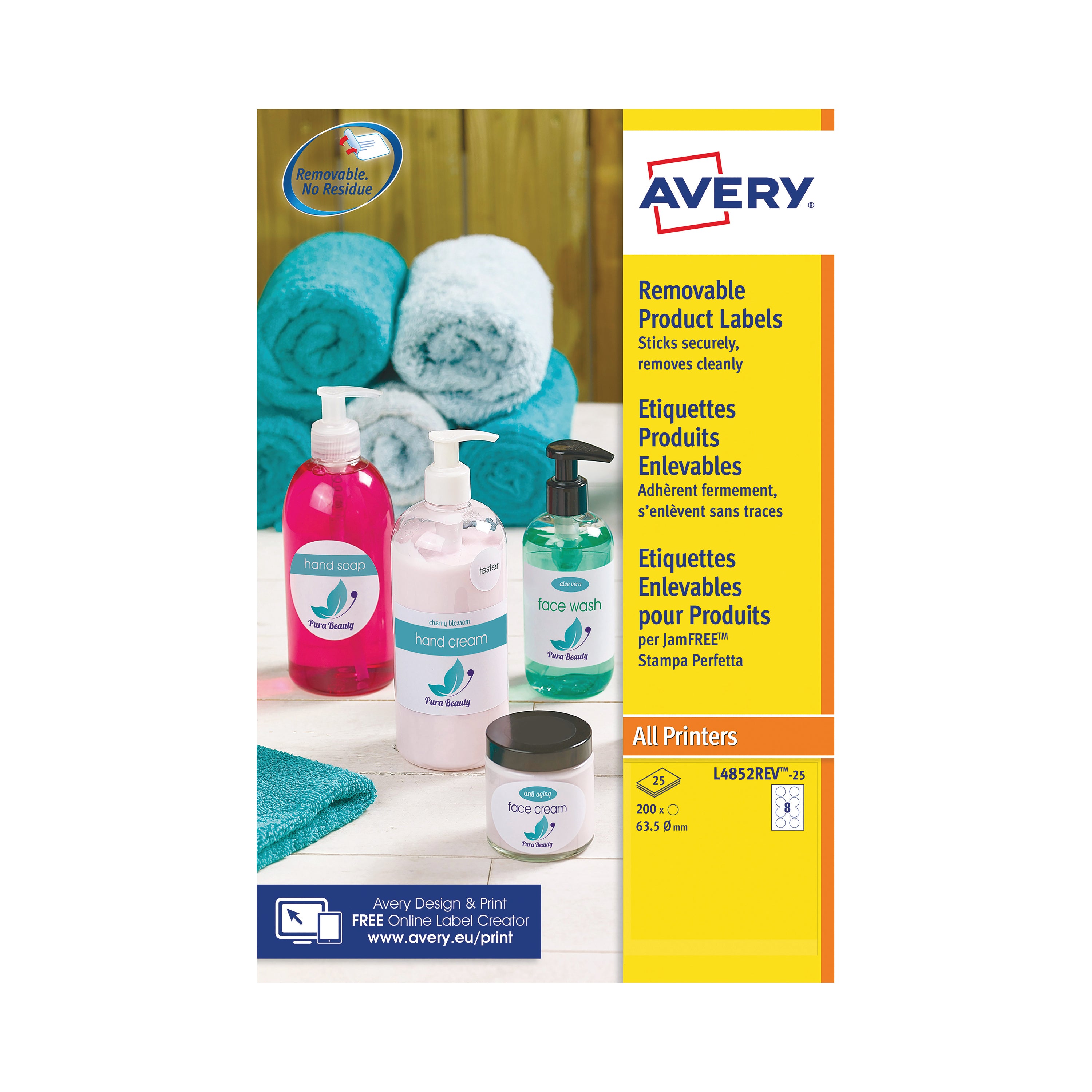 Avery L4852REV-25 round removable labels in packaging.