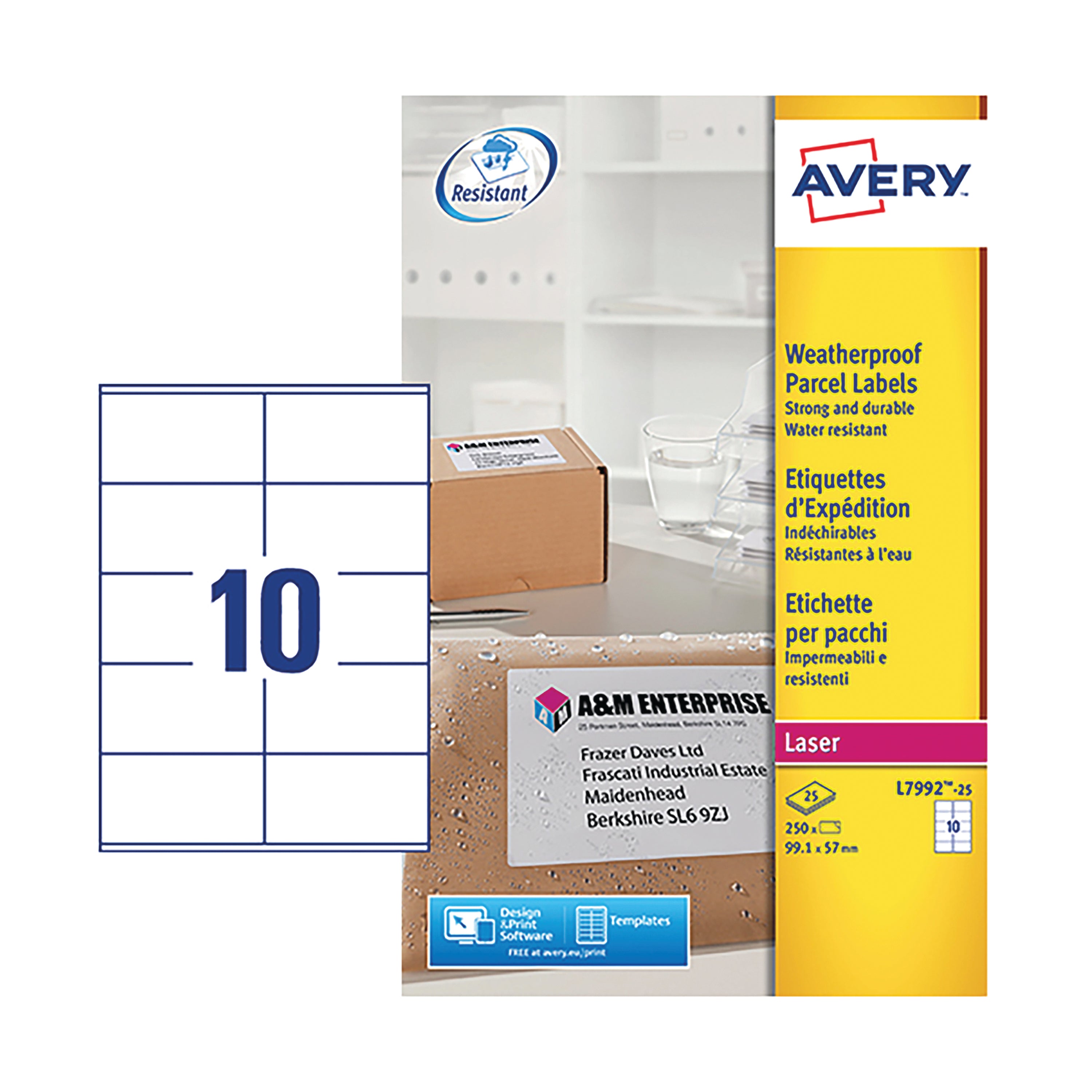 A sheet of 10 Avery L7992 white labels, resistant to water and tearing.