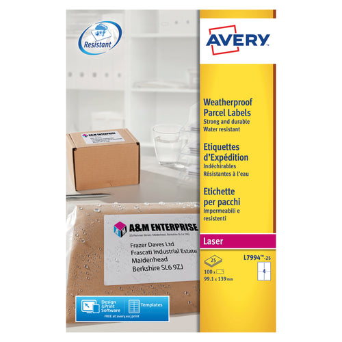 Avery Weatherproof Shipping Label 99.1x139mm 4 Per Sheet – (Pack of 100)