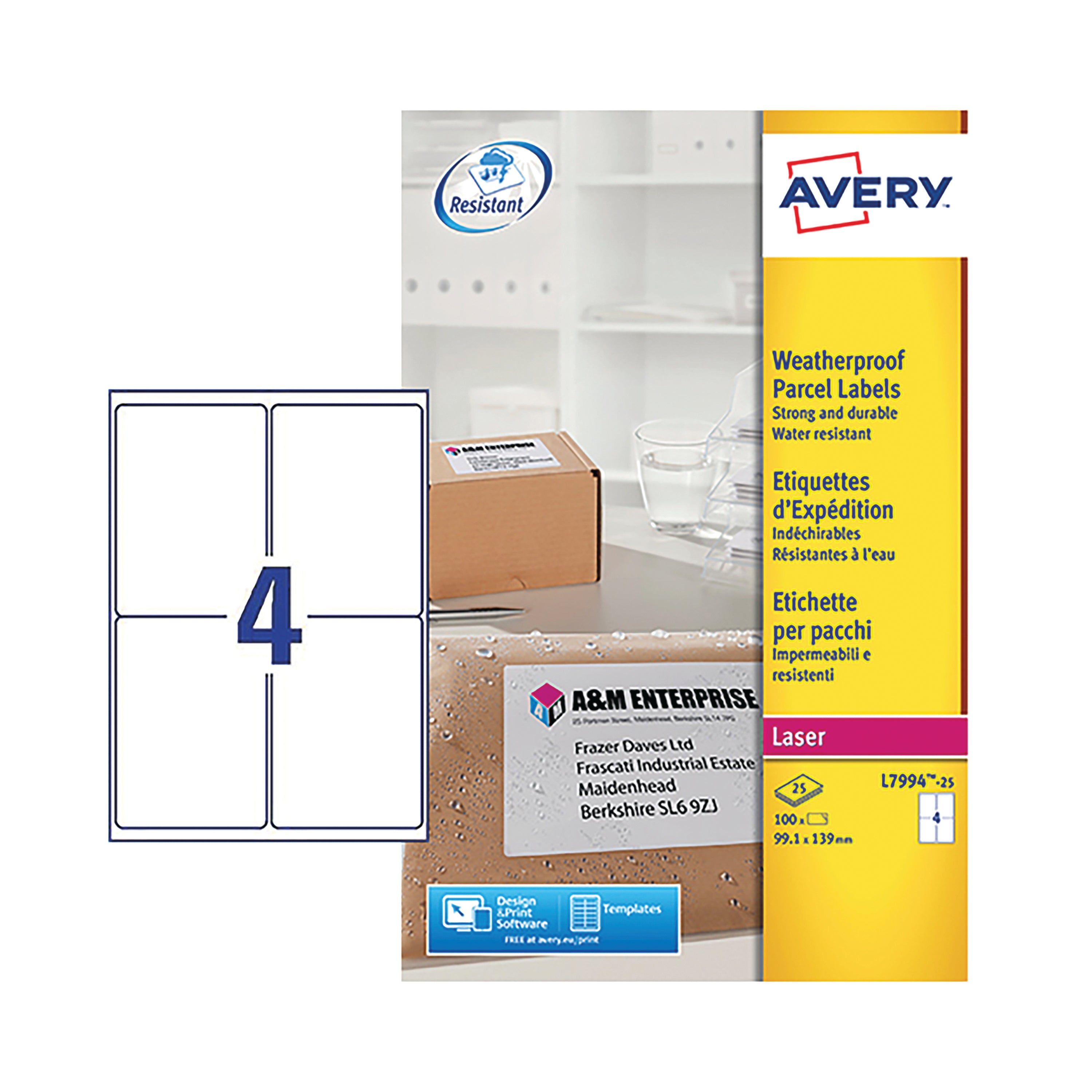 A sheet of 4 large, durable Avery L7994 weatherproof labels.