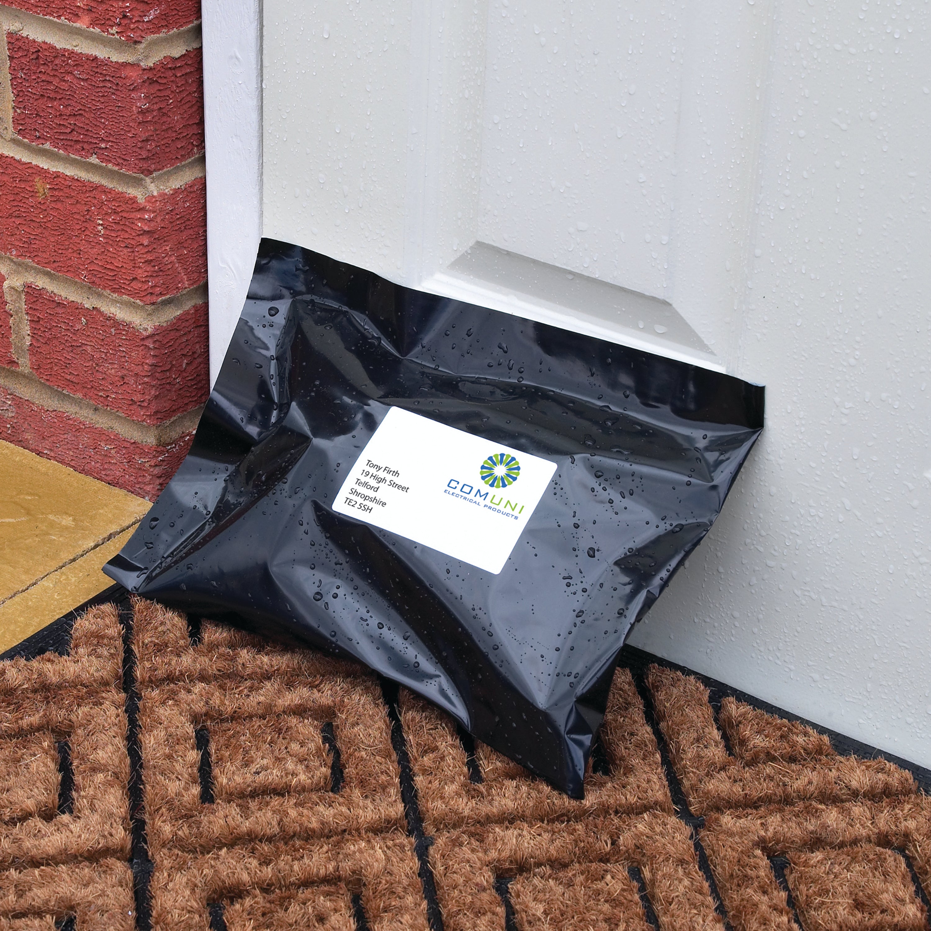 A weatherproof Avery L7994 label used on a package for outdoor exposure.
