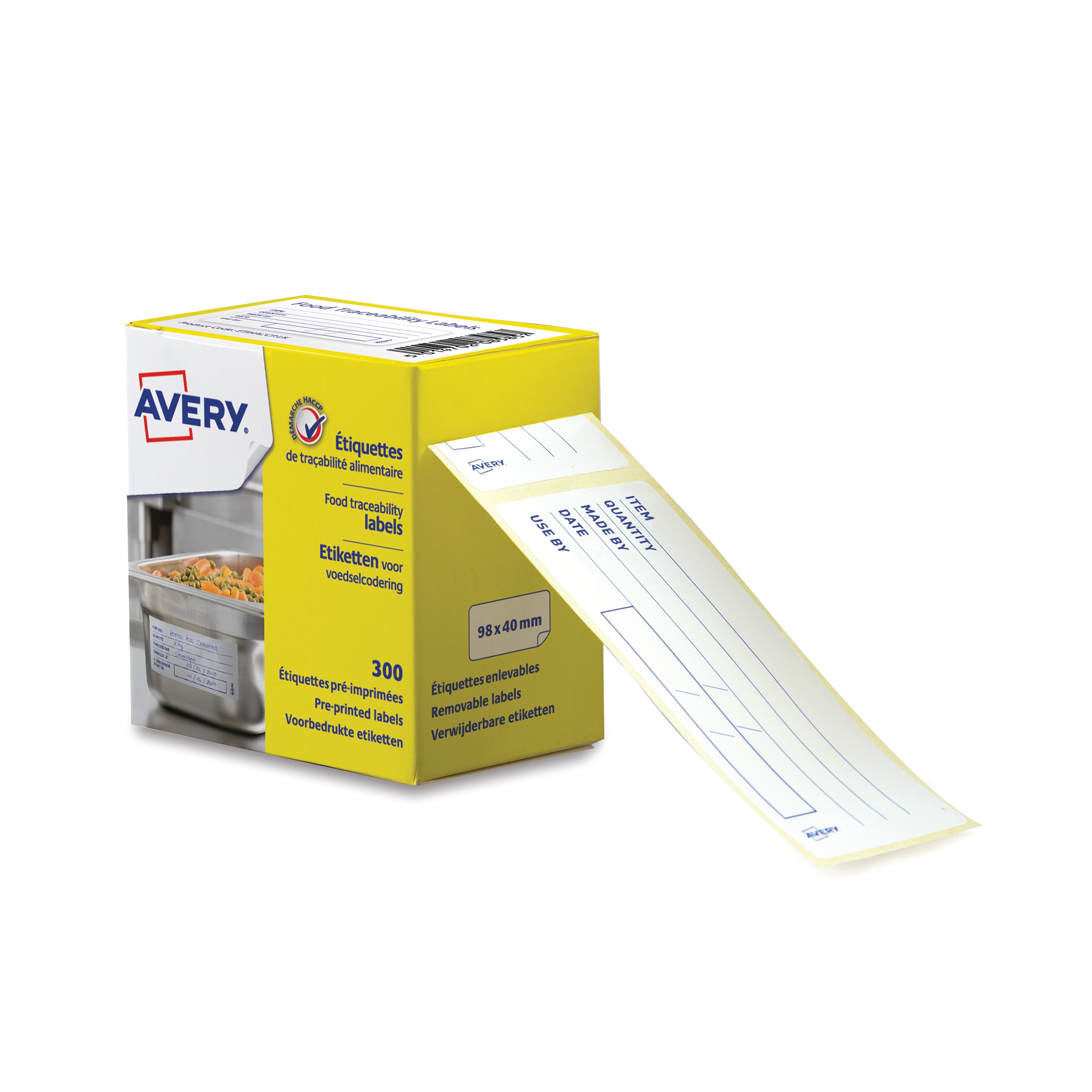 Avery printed food traceability labels in a dispenser box.