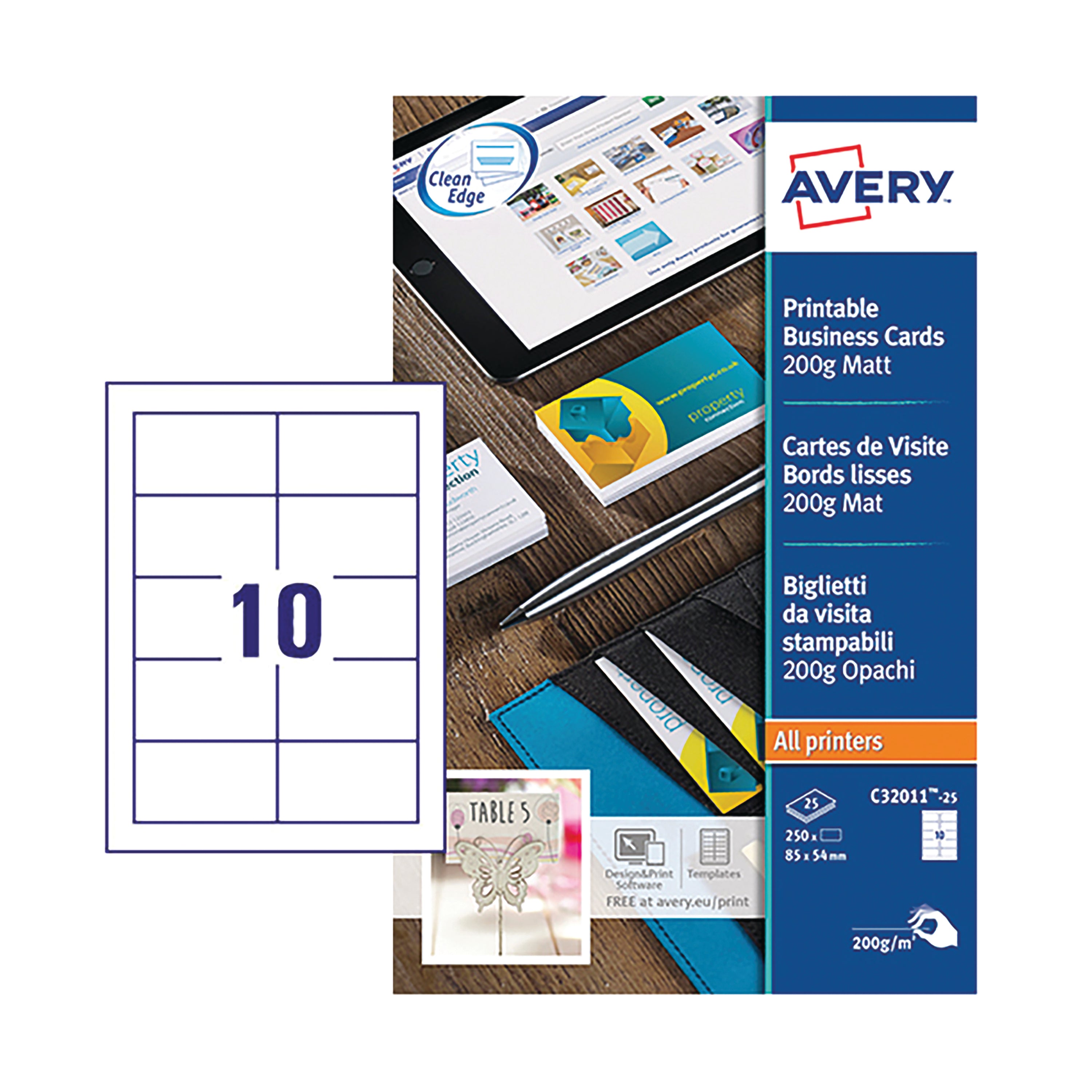 A sheet of printable Avery C32011 business cards with clean edges.