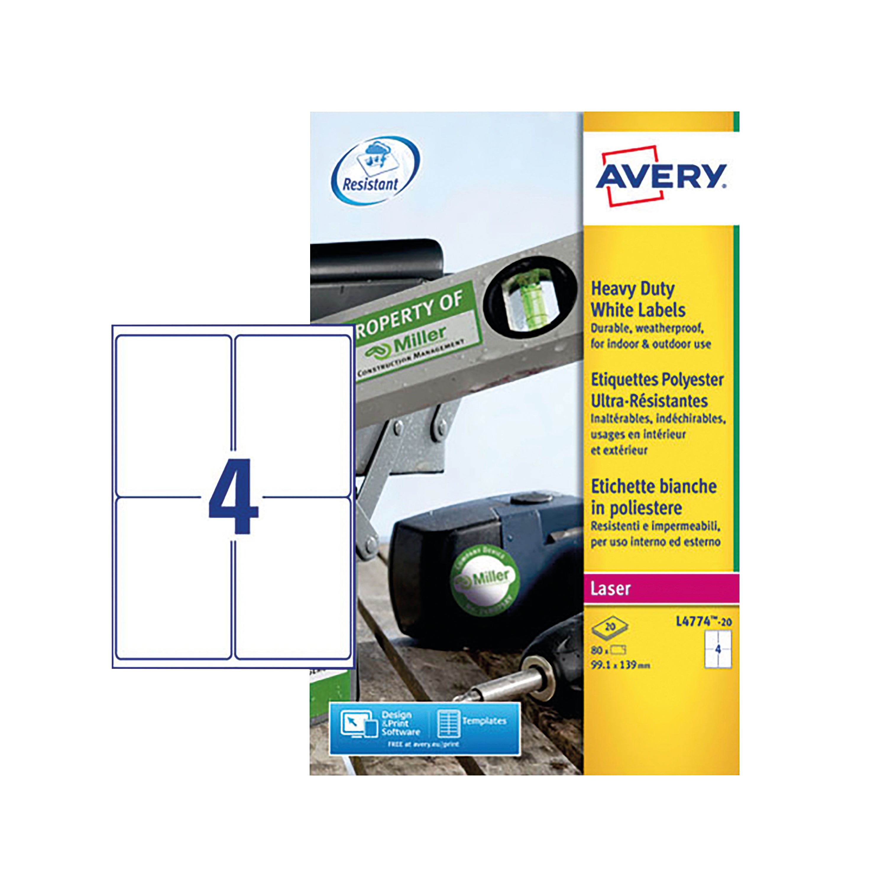 A single sheet of four large Avery L4774-20 heavy-duty white labels.