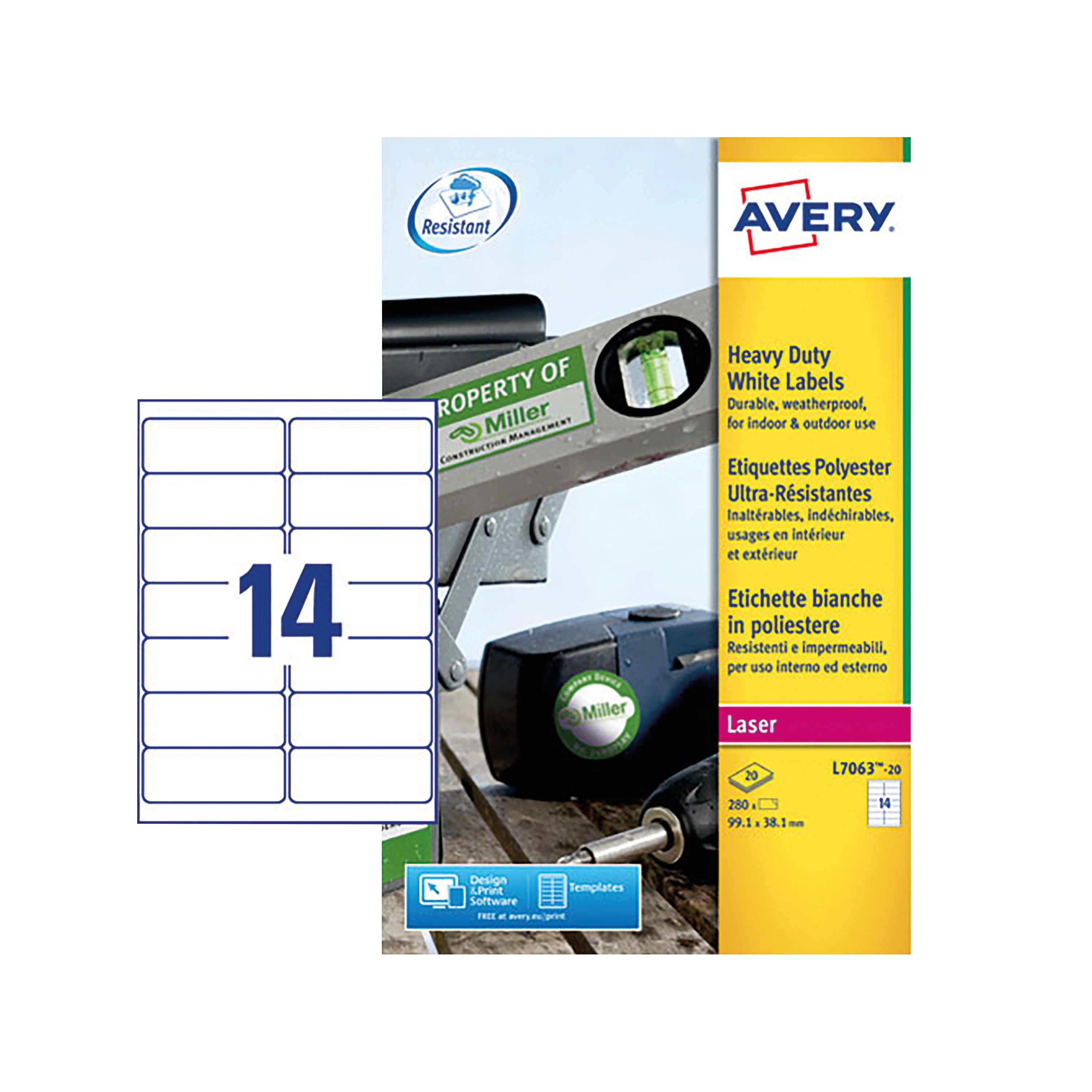 A sheet of 14 Avery L7063 durable white labels for laser printers.