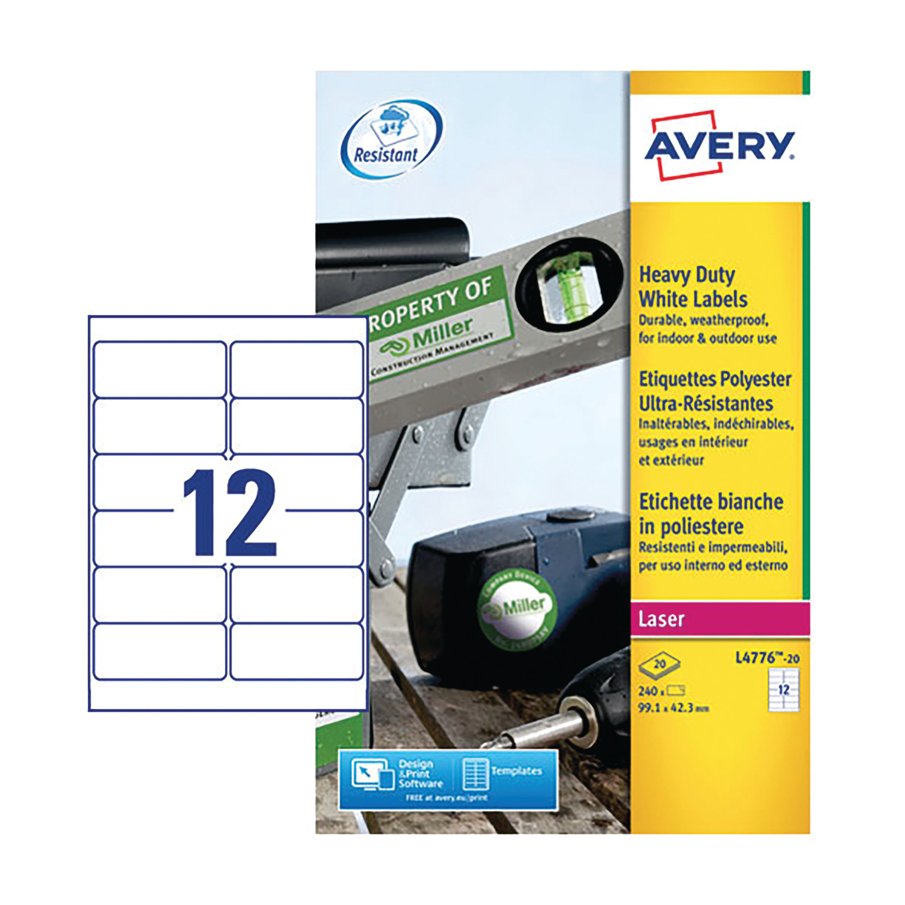 A sheet of 12 Avery L4776 durable labels for tough conditions.