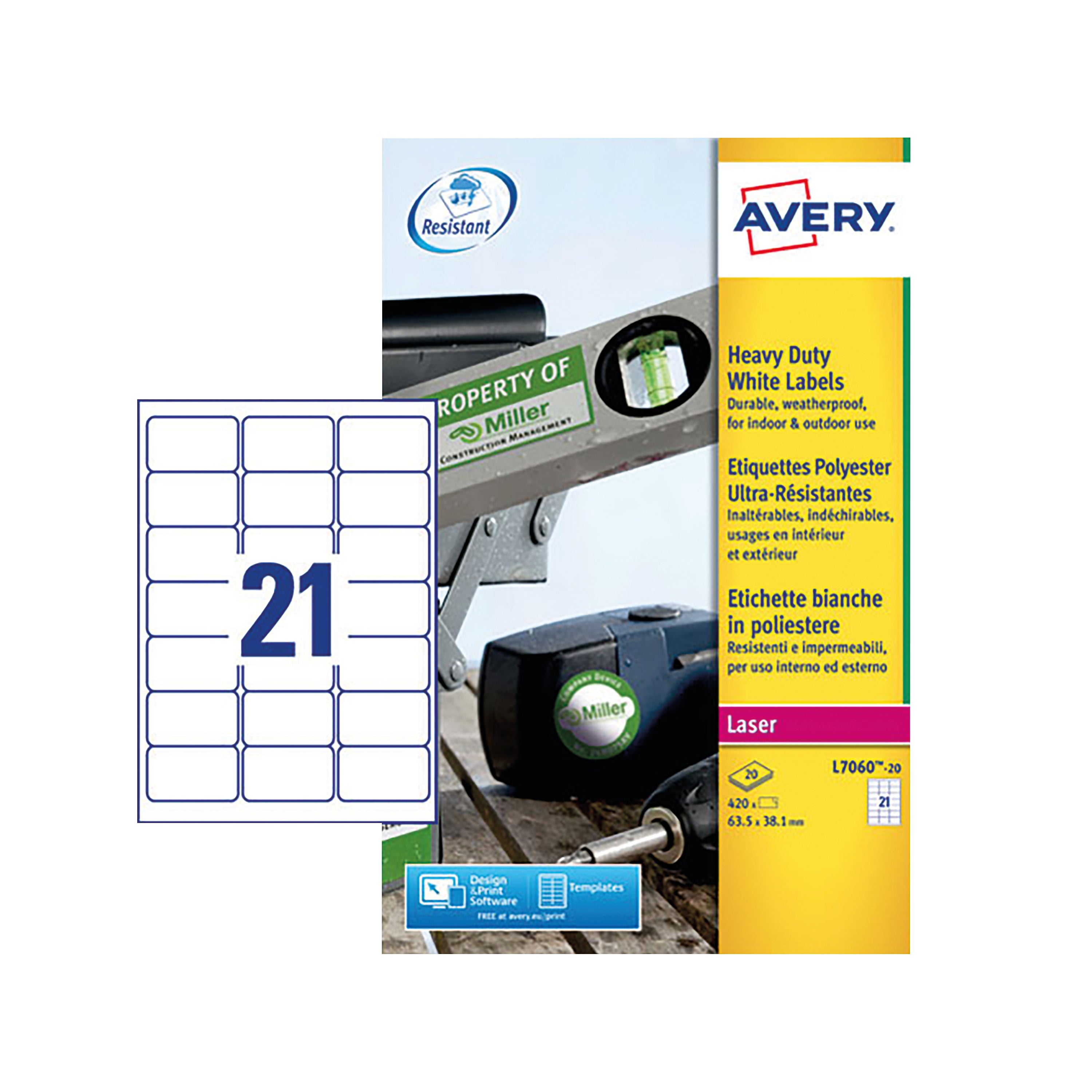 A sheet of 21 Avery L7060 durable white laser labels.