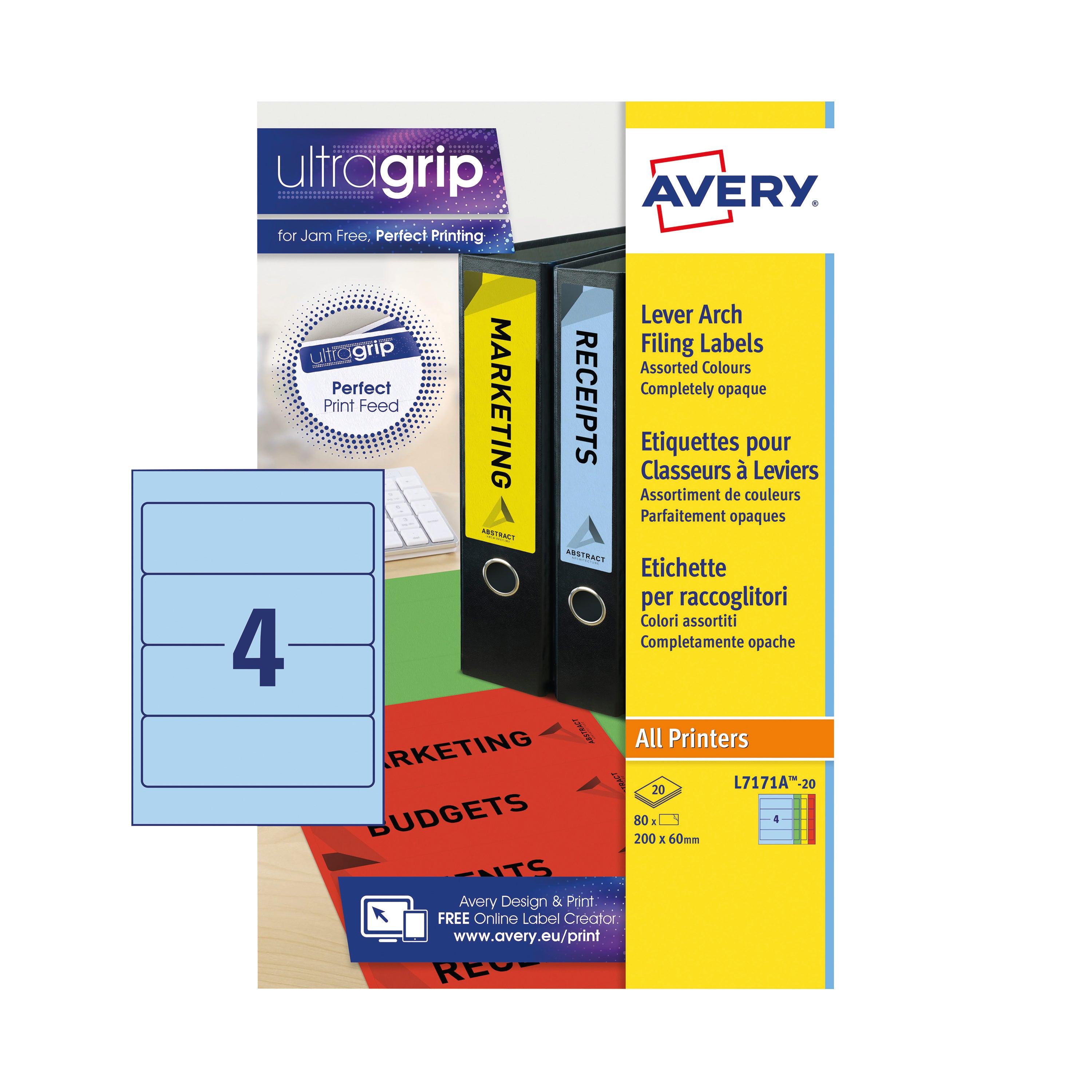 A sheet of Avery L7171A printable labels for folder spines.