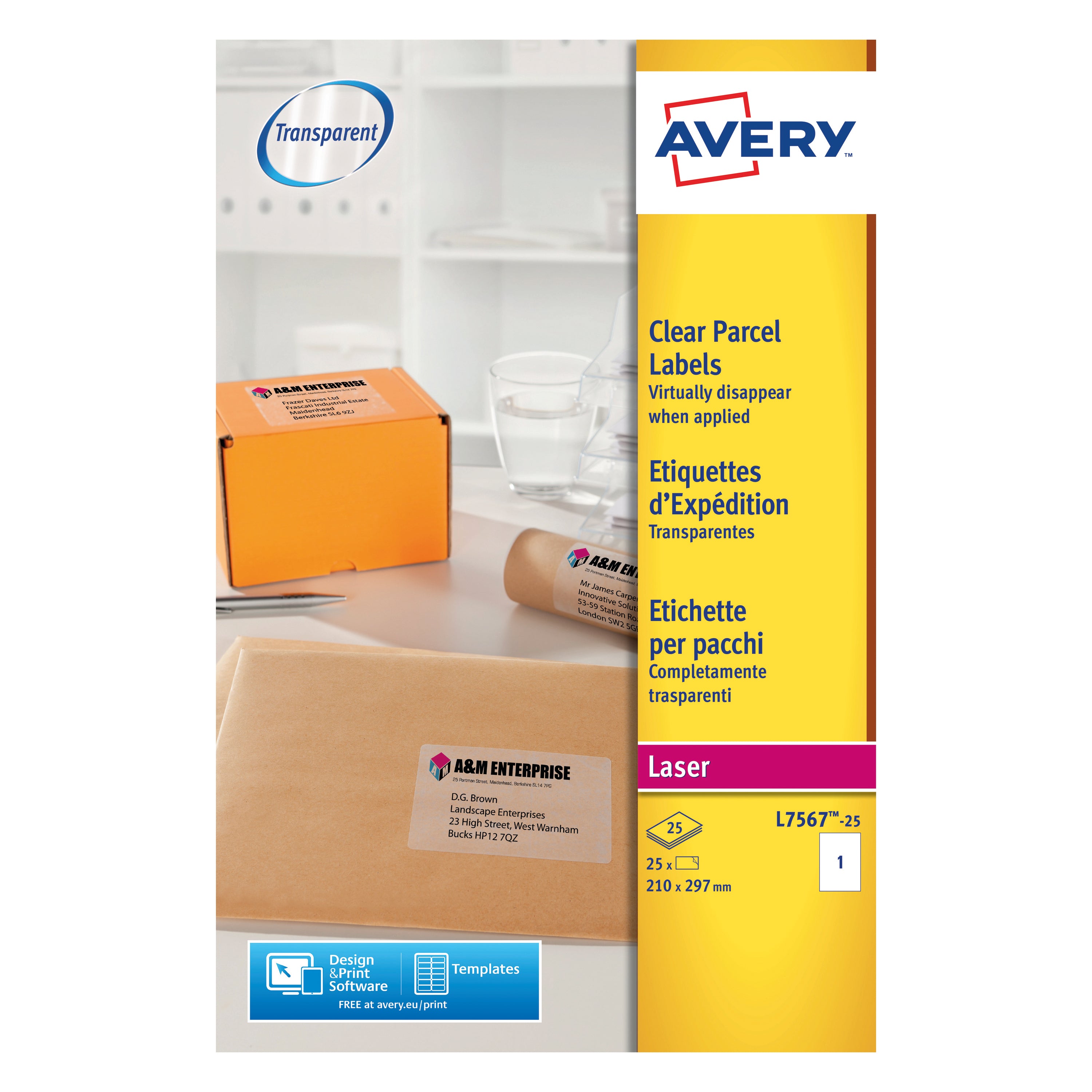 Avery L7567-25 full-sheet clear laser parcel labels, pack of 25.