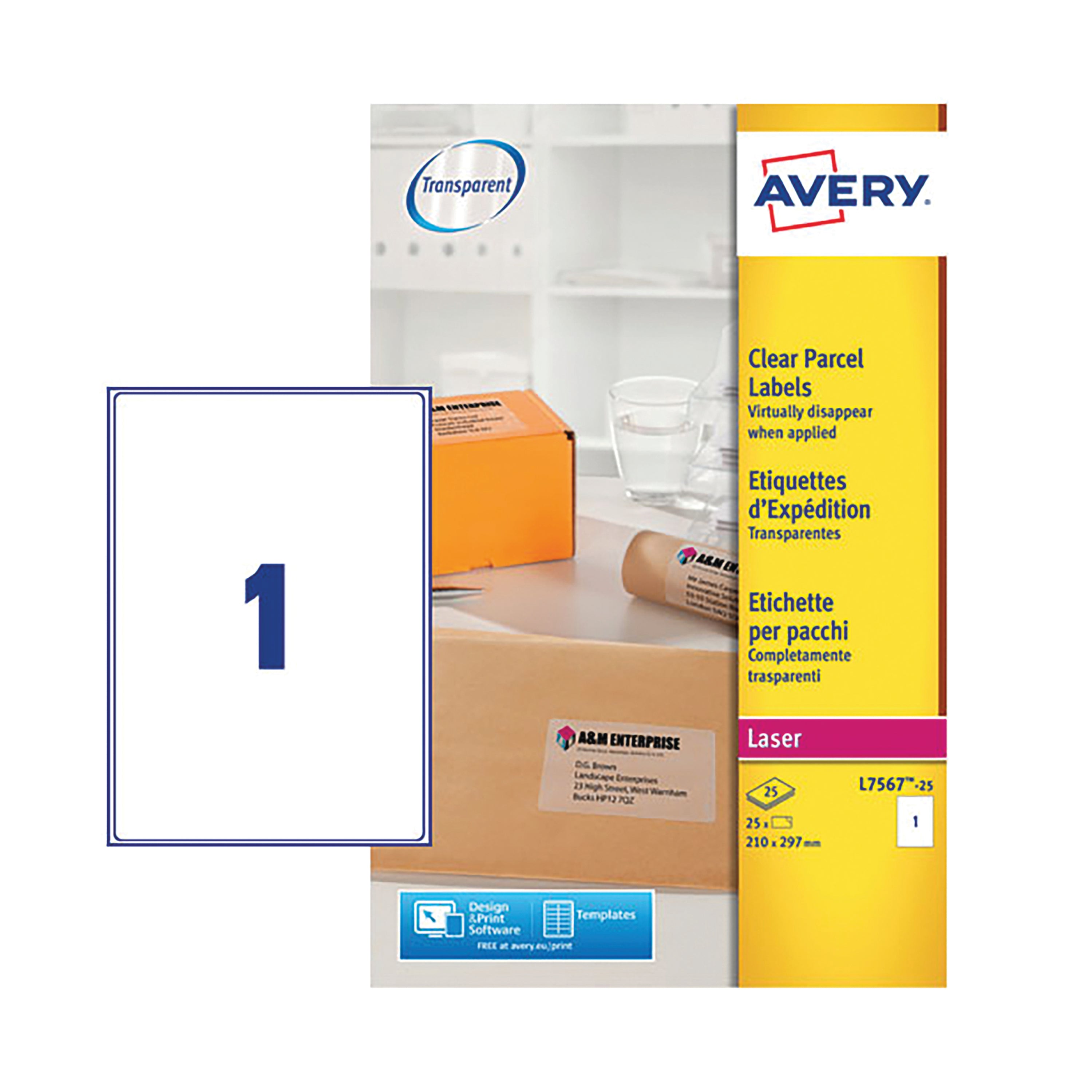 A single A4 sheet transparent Avery L7567 laser label.