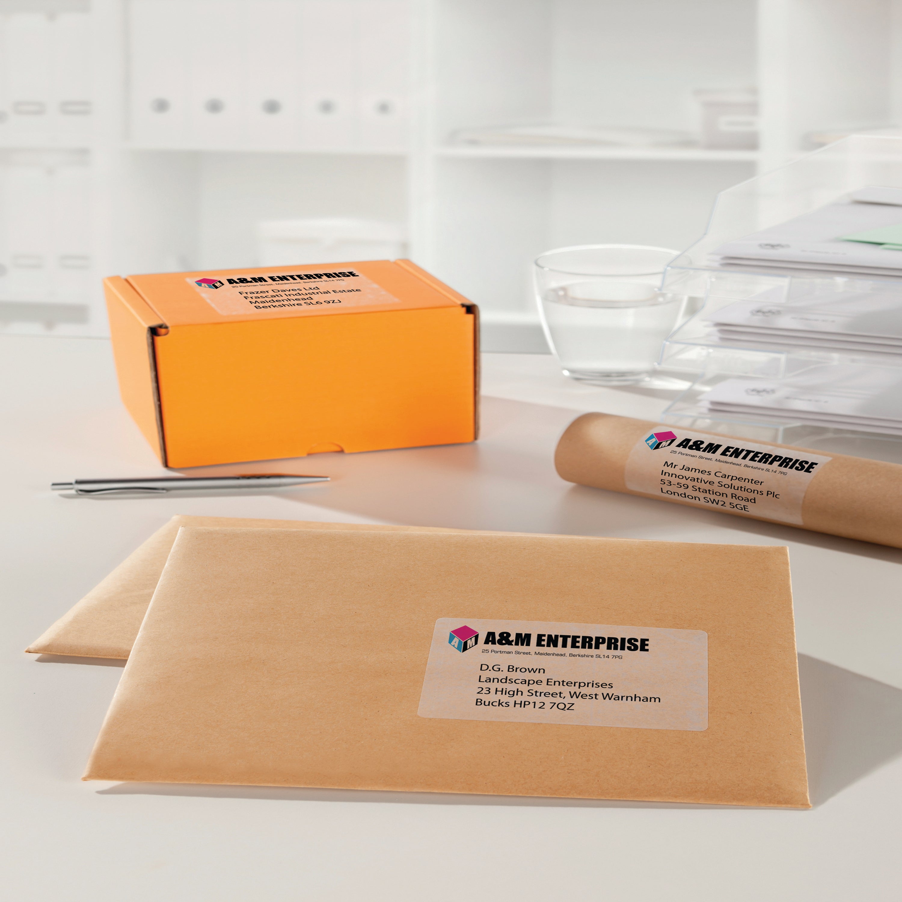 The clear Avery L7567 label is weatherproof and durable for shipping.