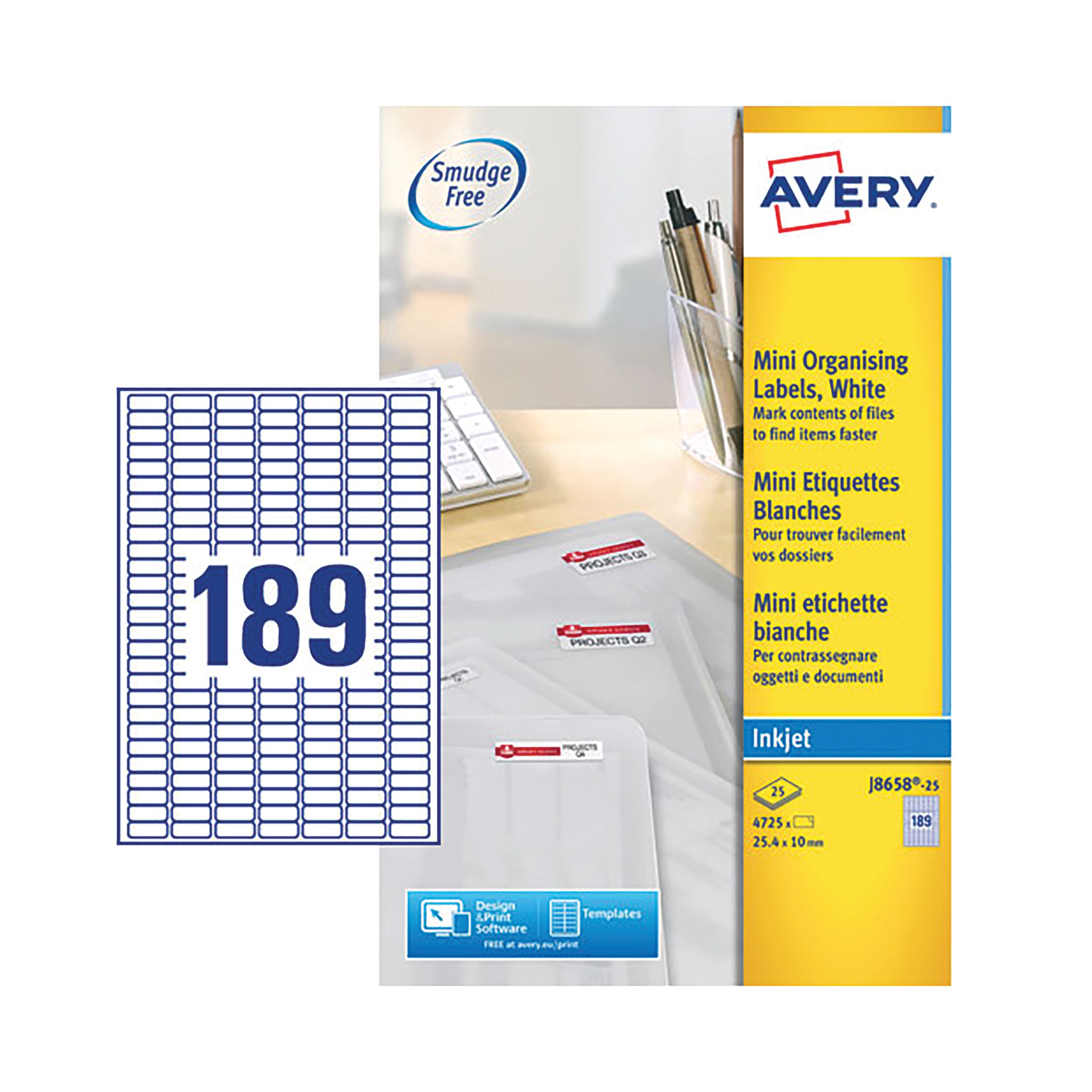 A full sheet of 189 small Avery J8658 mini labels.