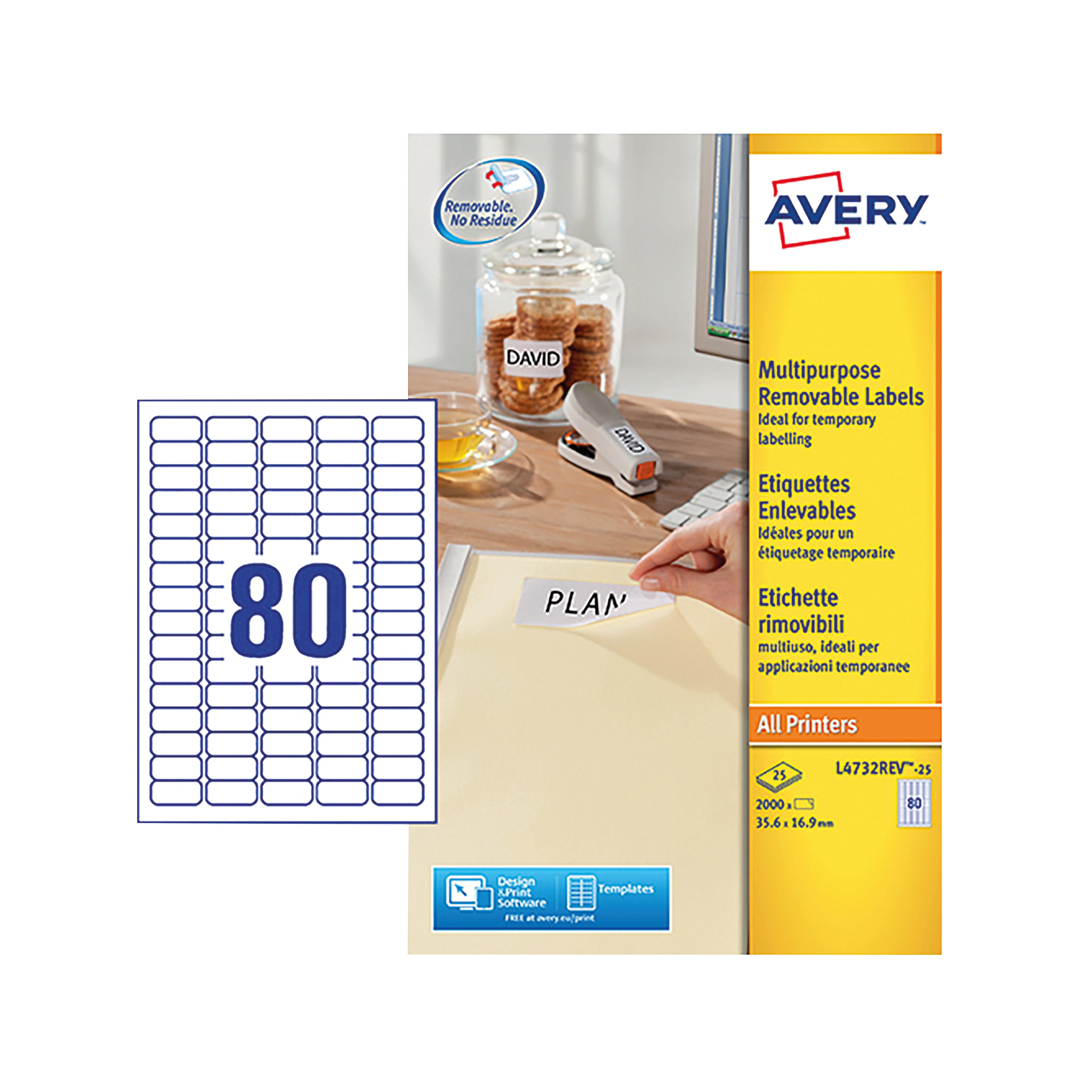 A sheet of 80 small, rectangular Avery L4732REV removable labels.