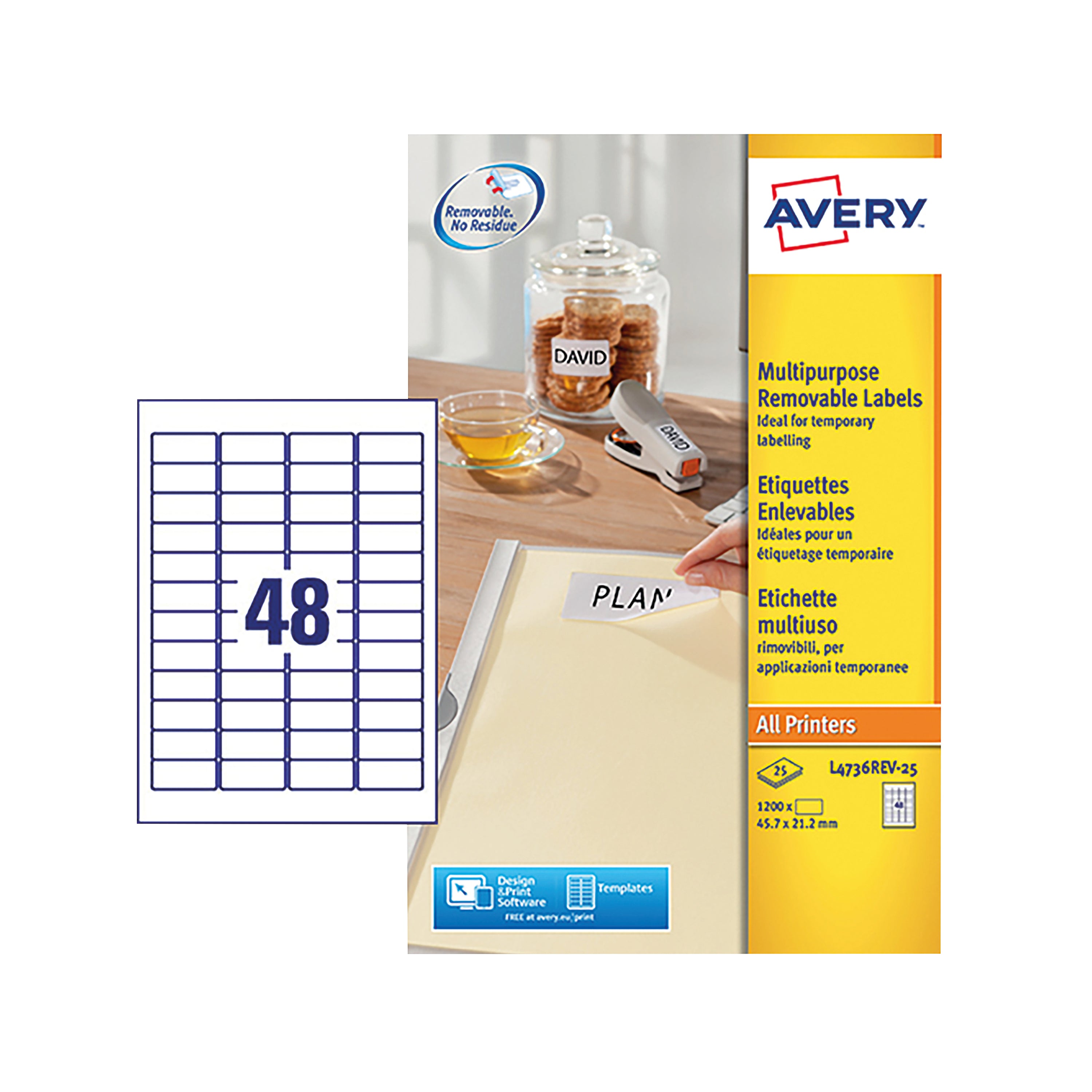 A full sheet of Avery L4736REV white labels designed for easy removal.