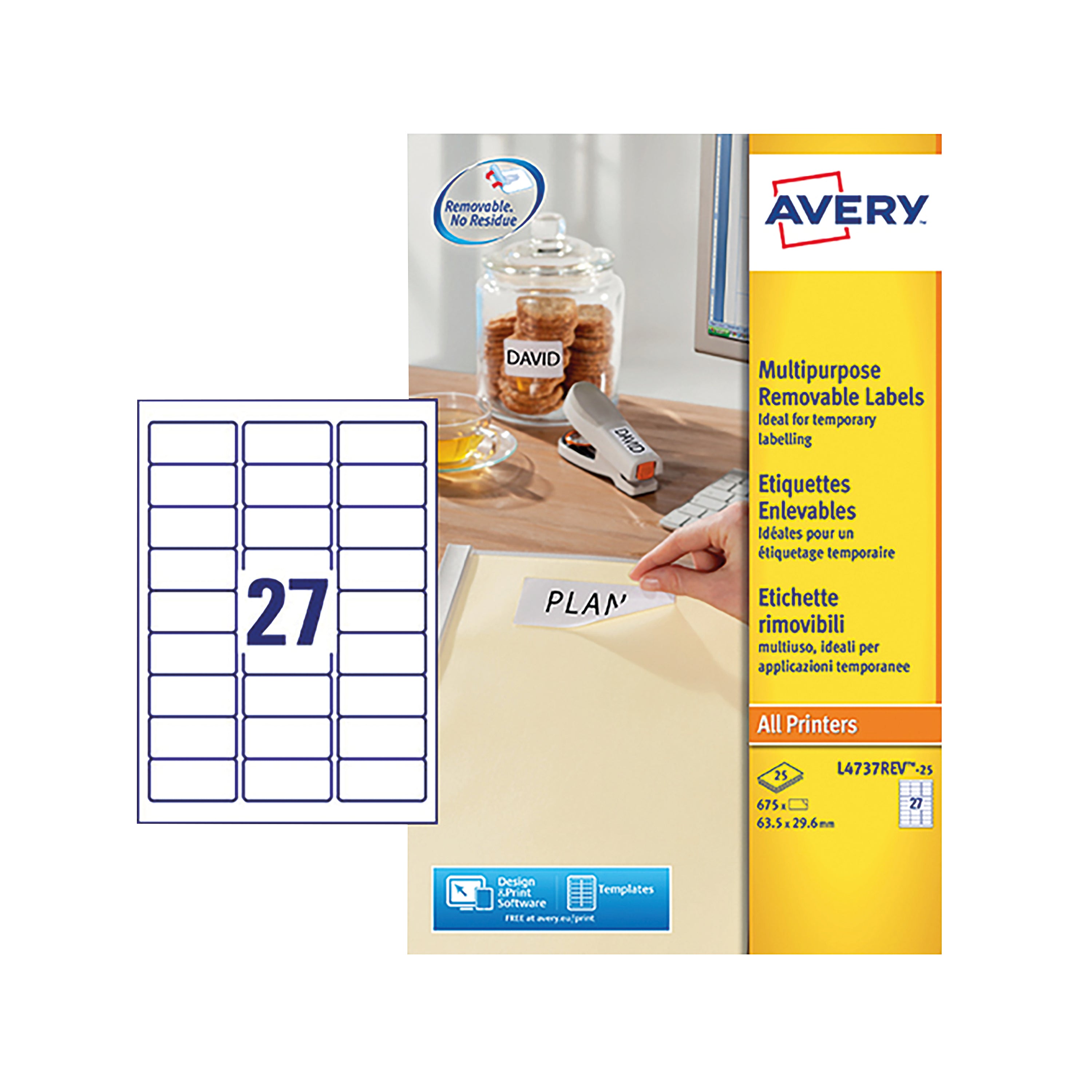 A sheet of 27 Avery L4737REV labels, suitable for temporary marking.