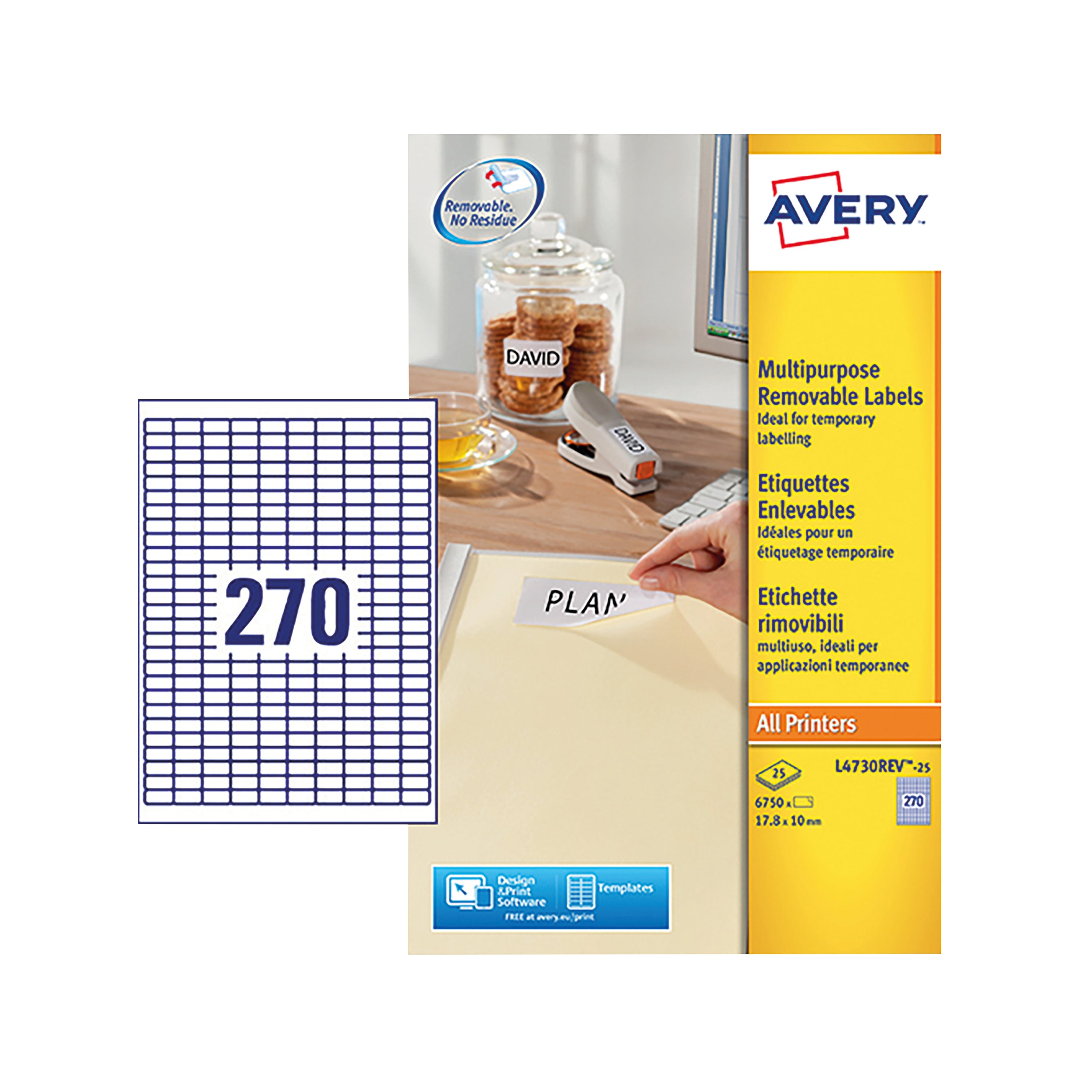 A full sheet of tiny Avery L4730REV white removable laser labels.