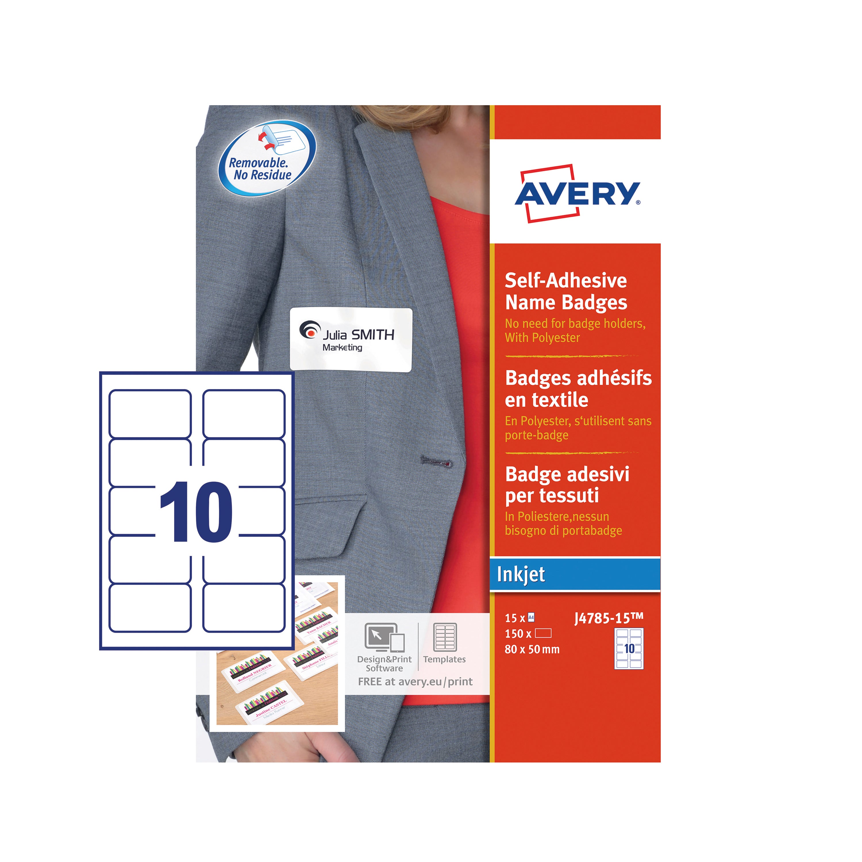 A sheet of printable Avery J4785 name badges, safe for fabrics.