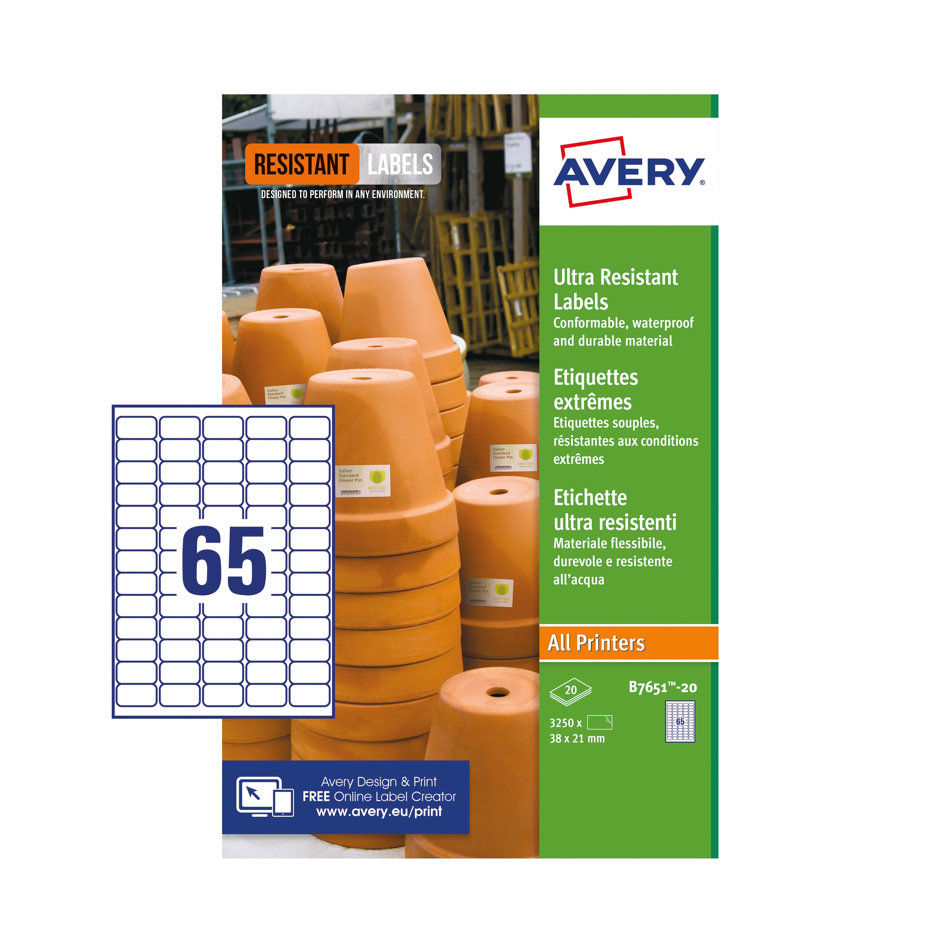 A sheet of 65 small, durable Avery B7651 labels for asset tracking.