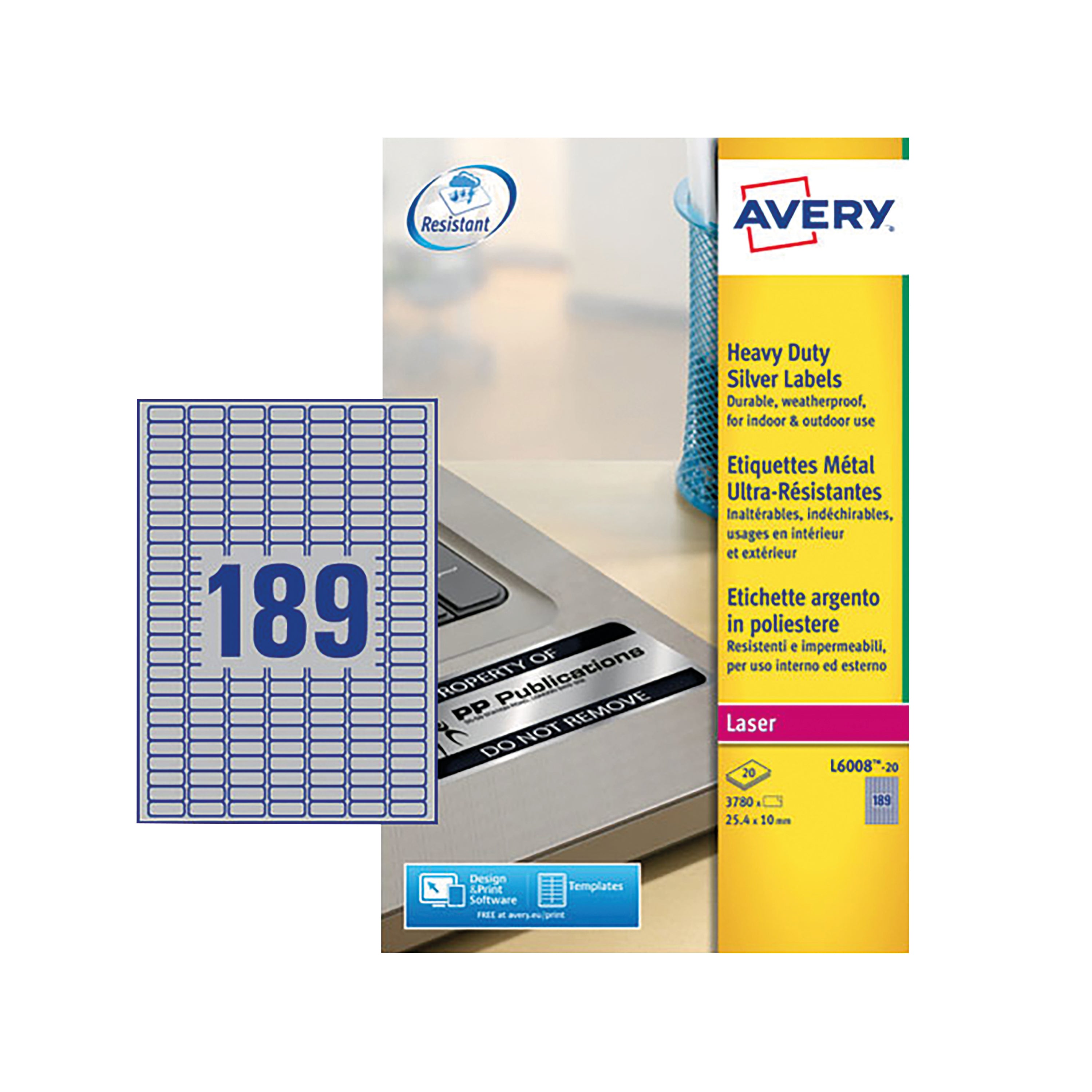 A sheet of durable, metallic silver Avery L6008 heavy-duty labels.