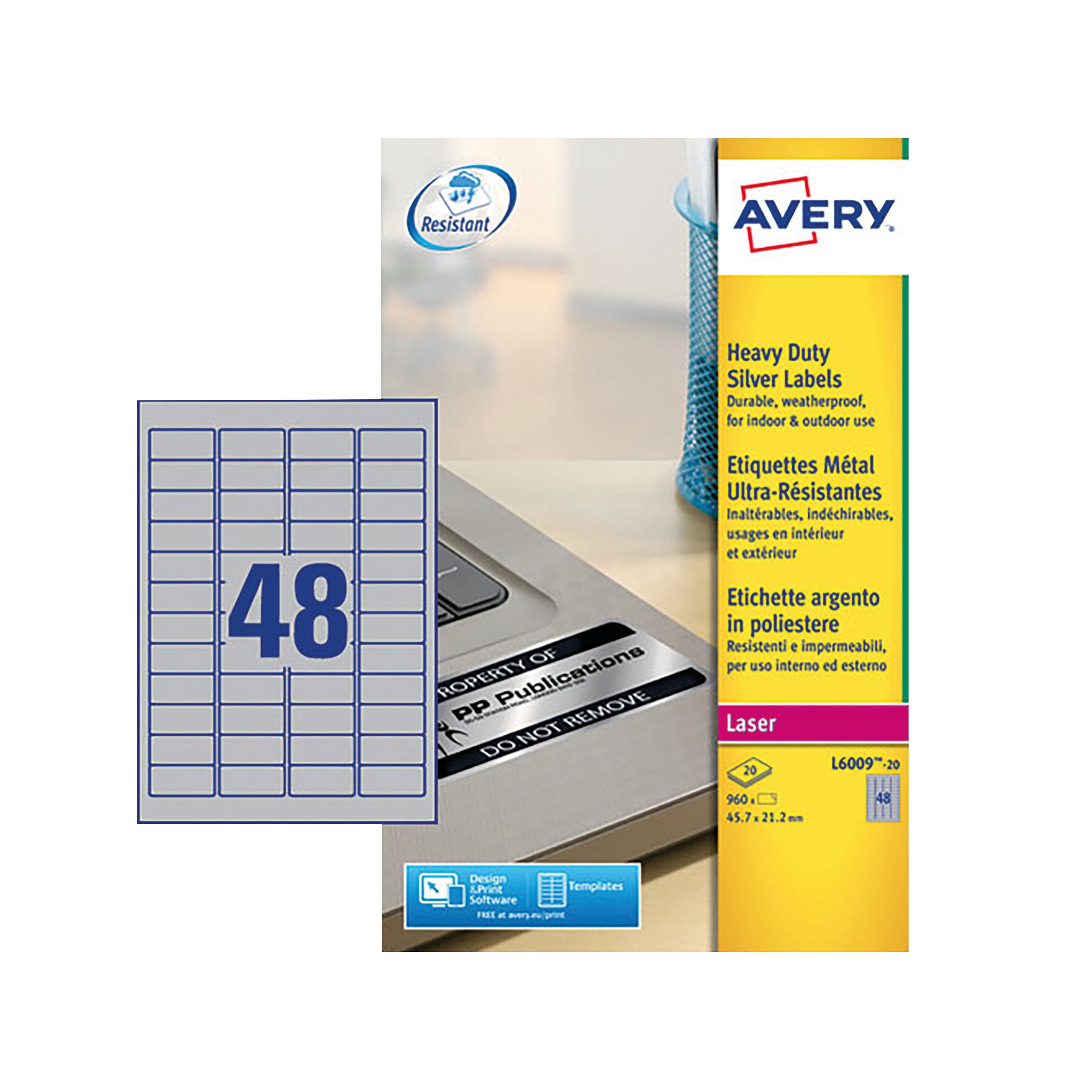 A printable sheet of 48 Avery L6009 industrial-strength silver labels.