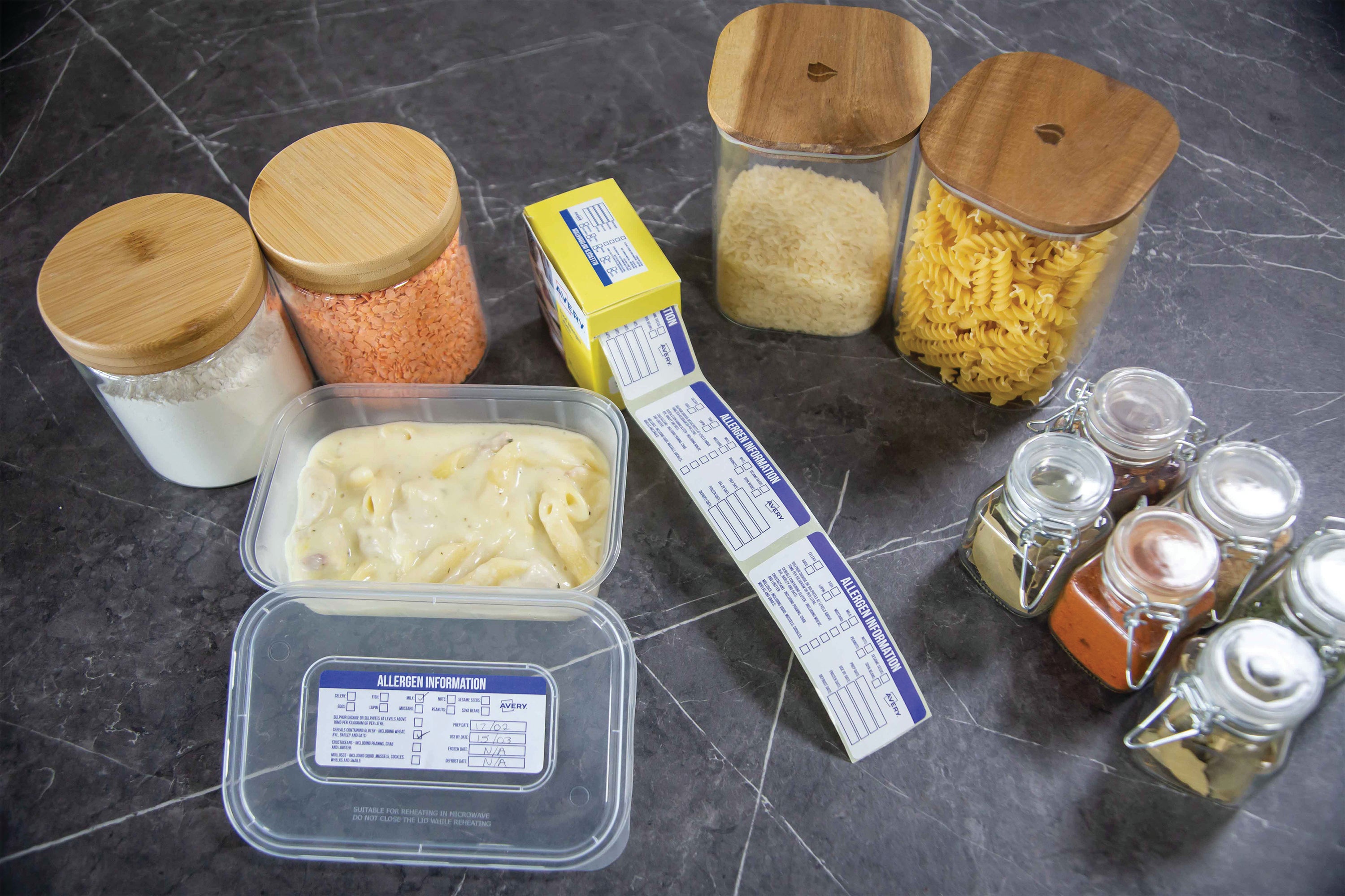 A sheet of Avery allergen food labels before being applied.