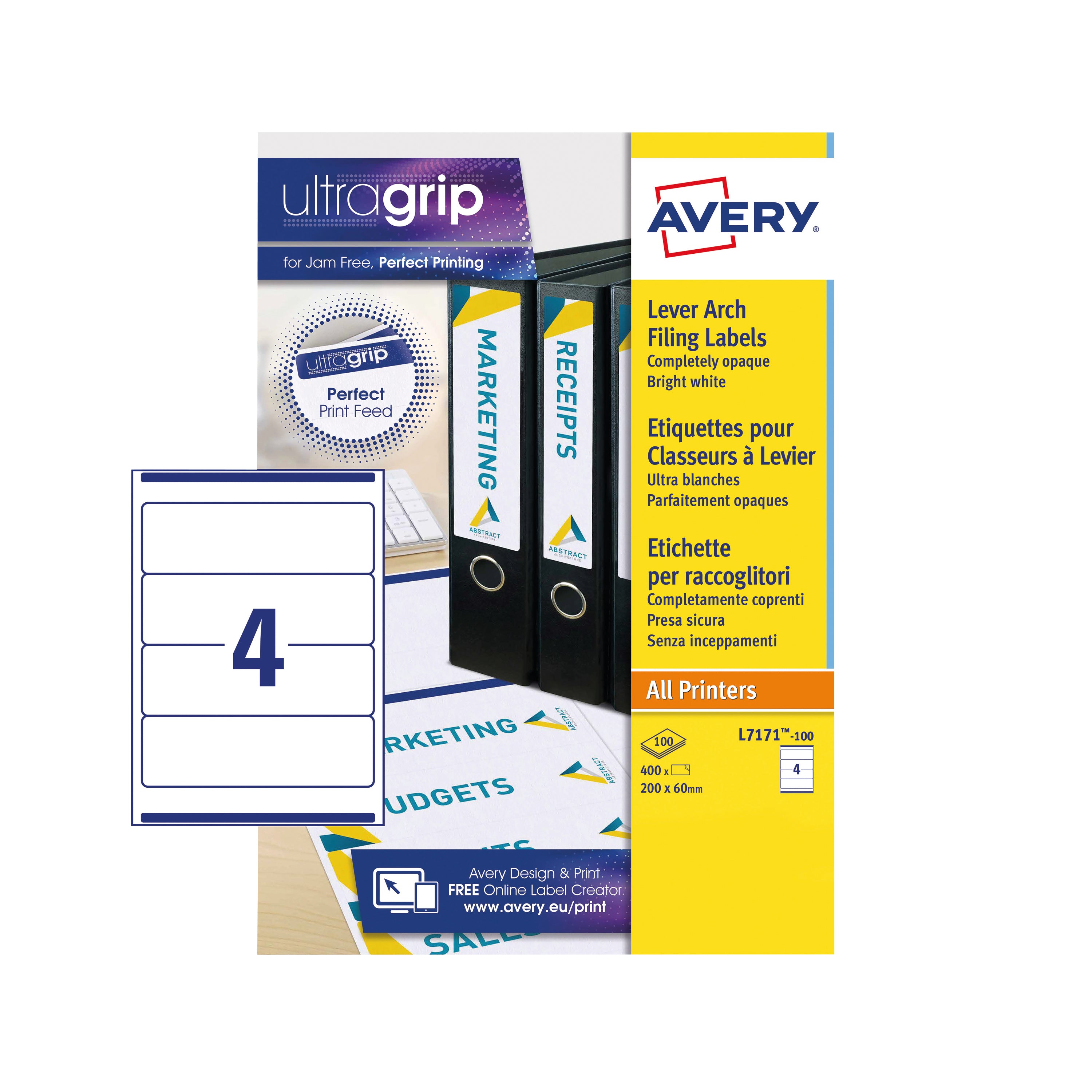 A sheet of Avery L7171 opaque white labels for binder spines.