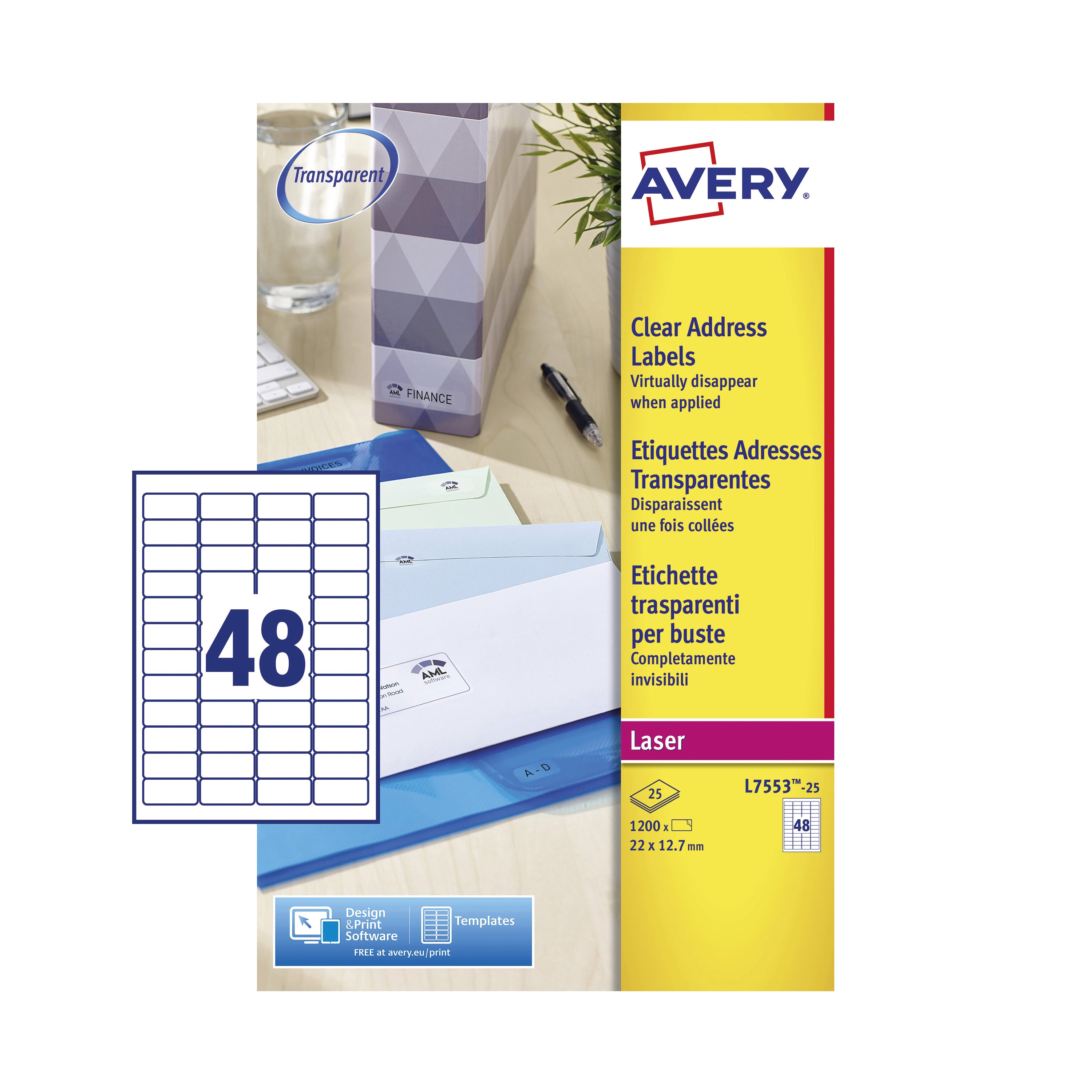 A sheet of Avery L7553 virtually invisible mini labels.